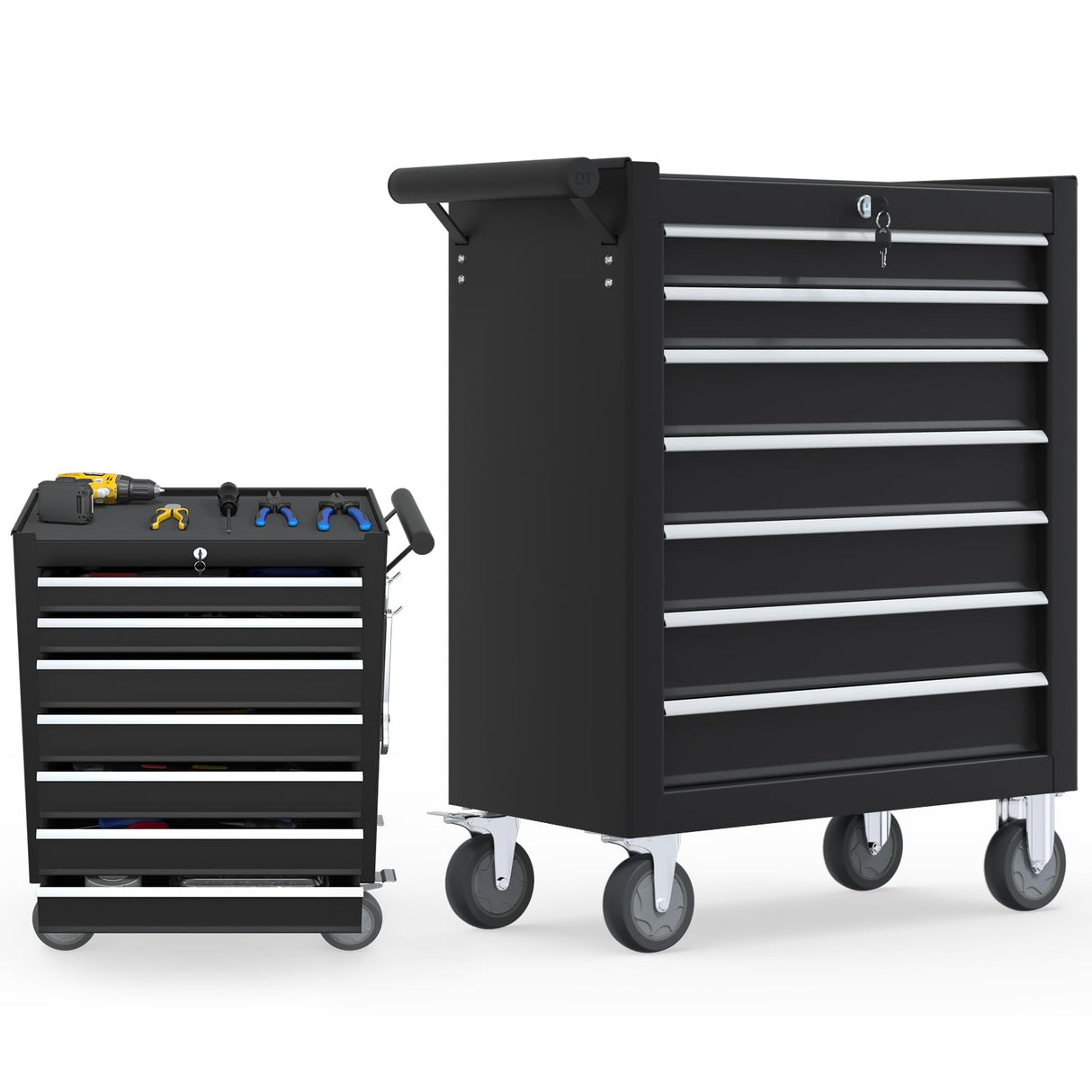 Granper High Capacity 7-Drawer Tool Chest with Wheels, Movable Rolling Tool Chest, Lockable Tool Box with Wheels, Heavy Duty Tool Cabinet for Workshop, Garage, Mechanics and Repair Room (Black) Granper