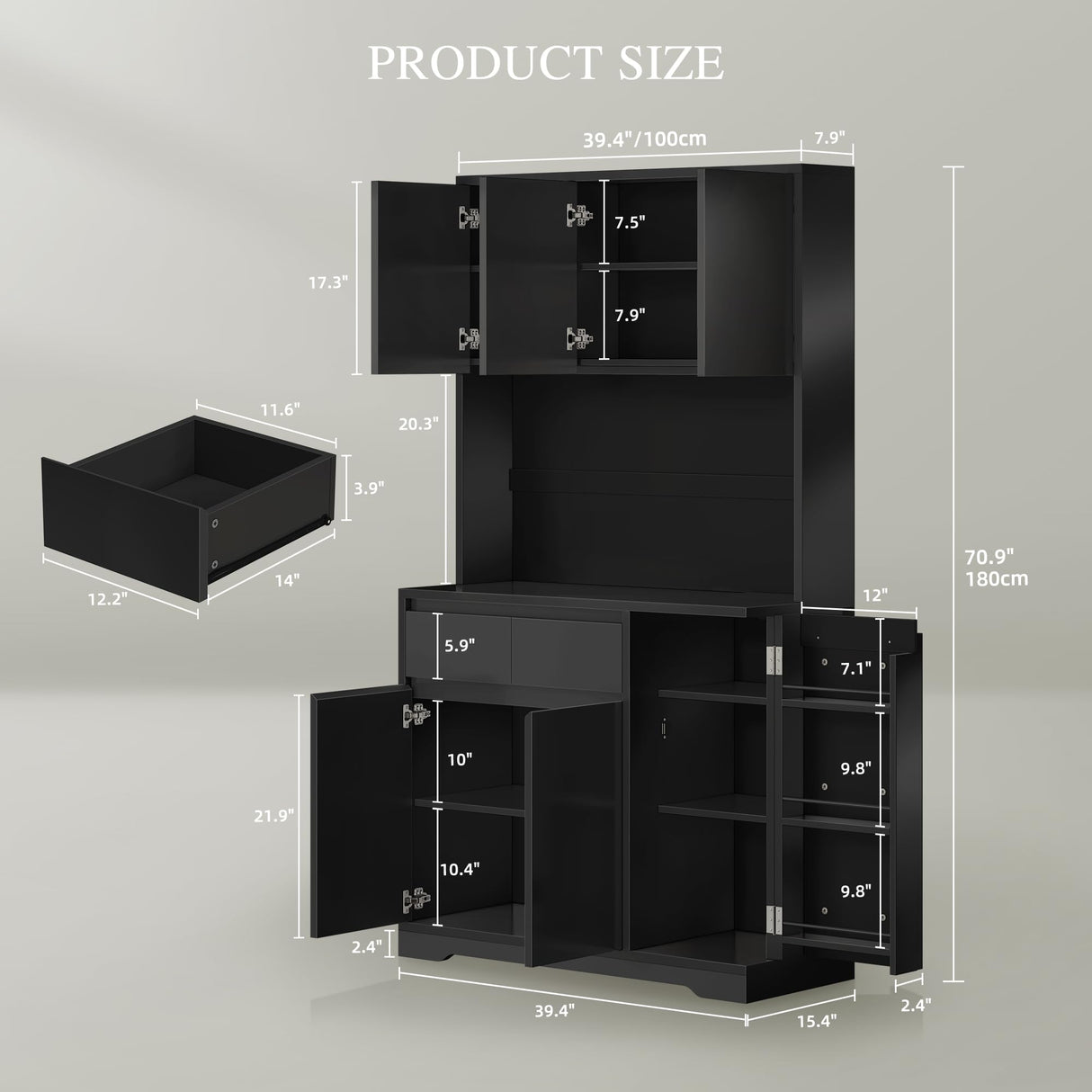 DWVO 71''Tall Kitchen Pantry Storage Cabinet, Modern Buffet Cabinet with Hutch, Kitchen Hutch Cabinet with Outlet, Large Food Pantry Cabinet with Doors and Shelves, Wine Rack for Dining Room, Black DWVO