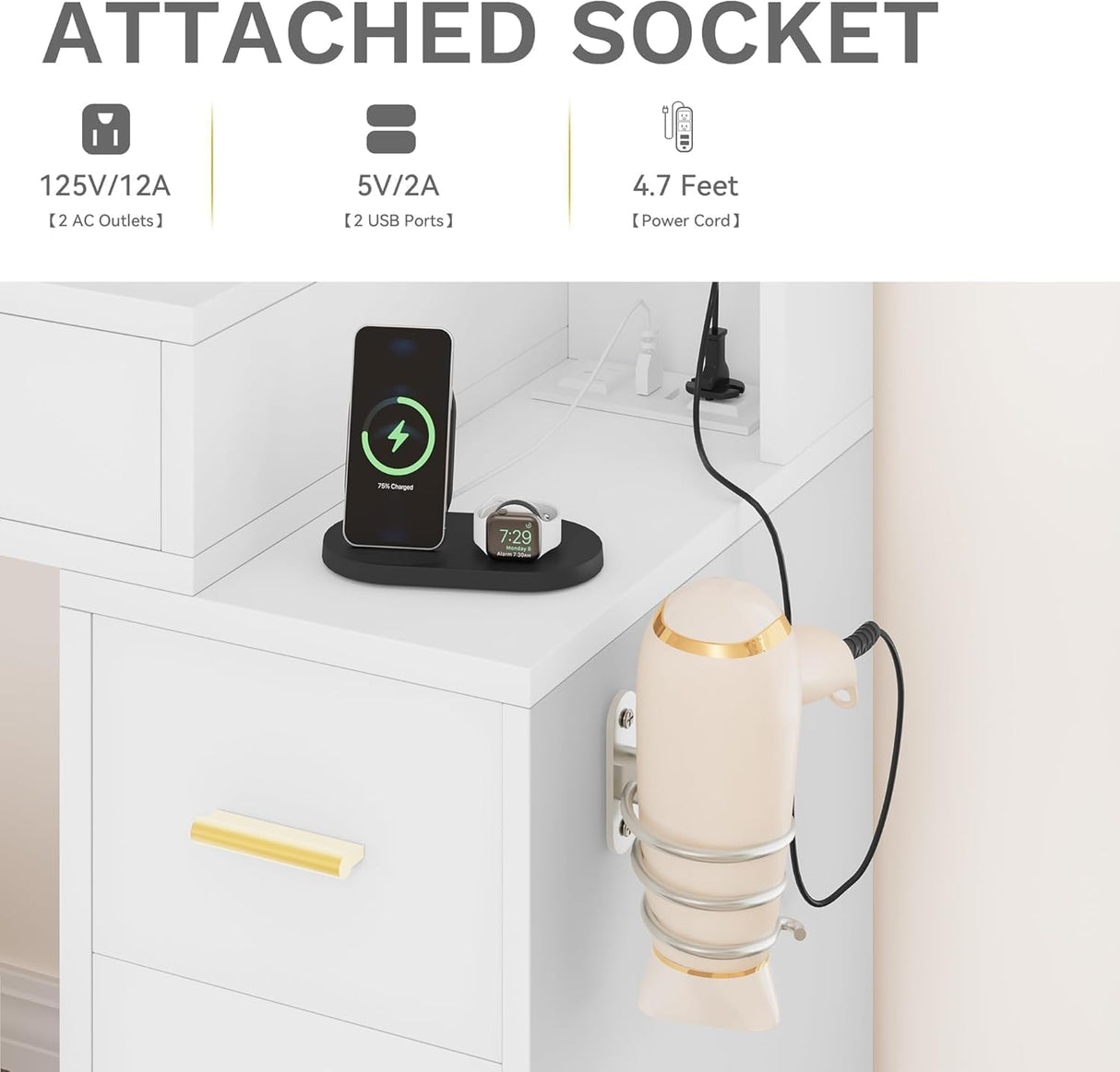 DWVO Vanity Desk with Large Mirror and LED Lights, Makeup Vanity Table Set with Power Outlets, Comfy Stool & Storage Drawers, Shelves and Cabinets, 3 Lighting Modes Makeup Table, Dressing Room, White DWVO