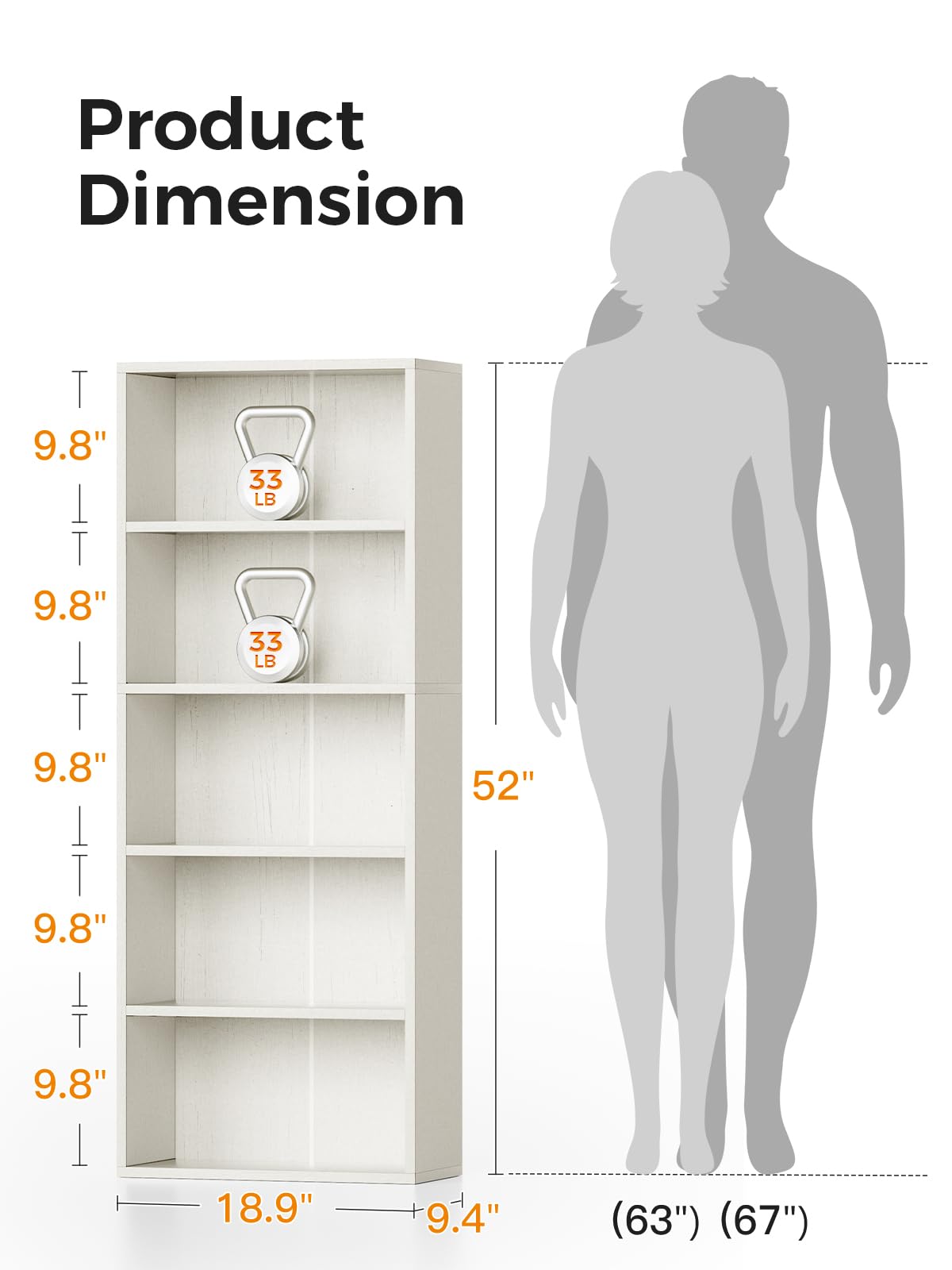 Casaottima 5-Tier Open Bookshelf and Bookcase, Floor Standing Display Storage Shelves for Living Room, Tall Book Shelf for Bedroom, Home Office, Dining Room, White Casaottima