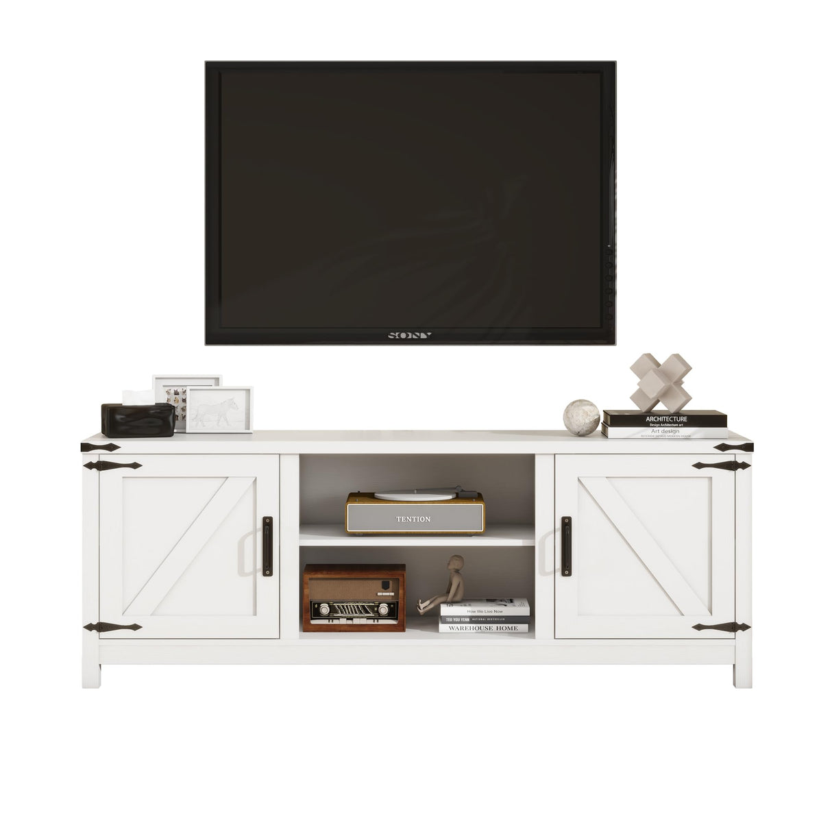 Panana Modern Farmhouse TV Stand for 65 inch TV, Entertainment Center with Storage and Open Shelves, Wood TV Stands TV Table Stand for Living Room, Bedroom (White, for 32"-65" TV) Panana
