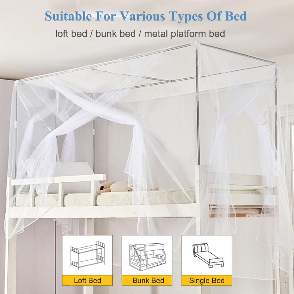 RAREFTI Canopy Bed Frame Twin Size Adjustable Bed Canopy Post Poles, Stainless Steel Bed Canopy Frame Poles for Four Corner Bed Platform Bed Bunk Bed, Silver(Canopy Frame Only) RAREFTI