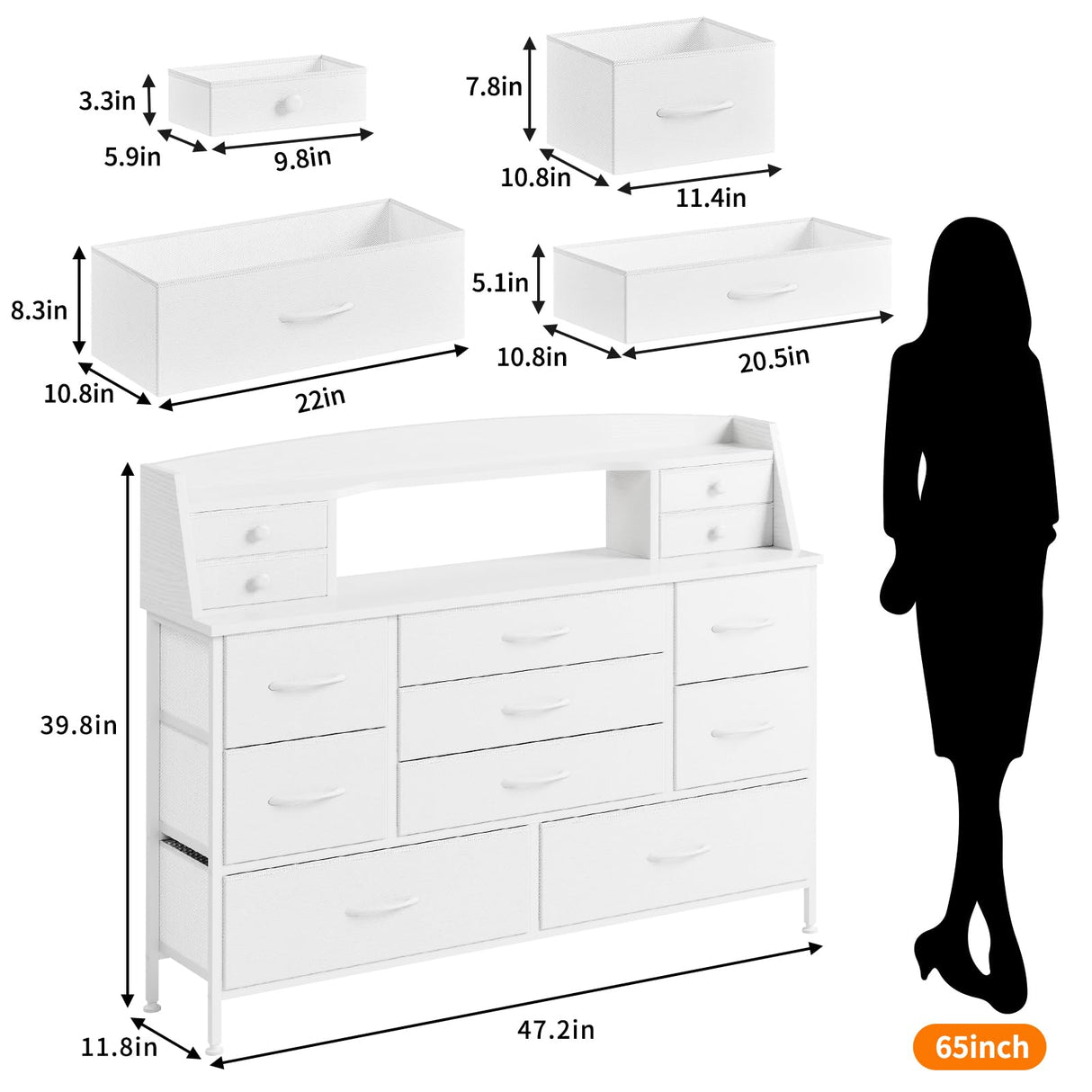 Fixwal White Dresser for Bedroom with 13 Drawers, Fabric Chest of Drawers with PU Finish for Kids, Girls, Adults, Nursery, Living Room, Closet, Entryway, Hallway (No LED Lights) Fixwal