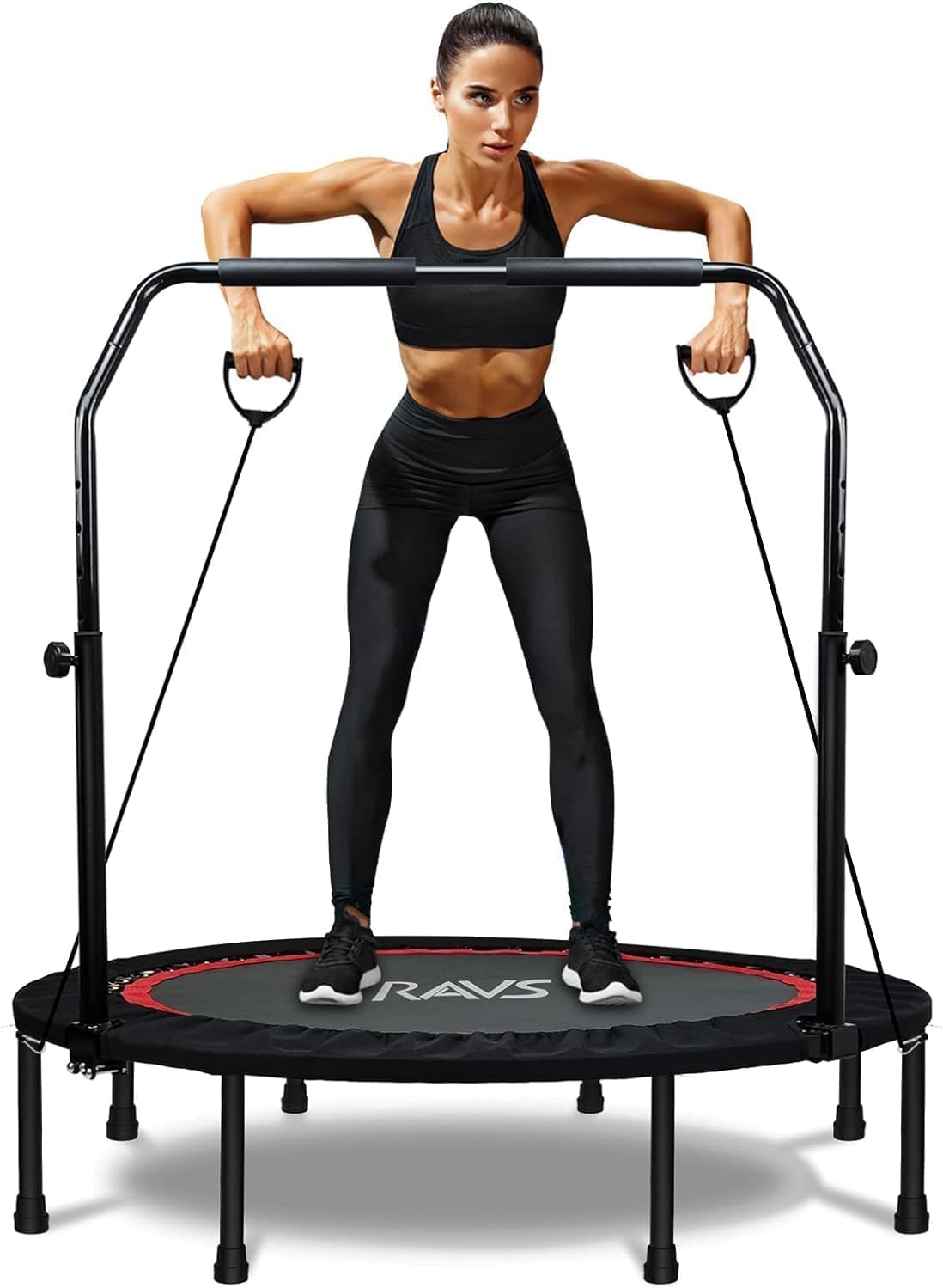 RAVS Mini Trampoline for Kids Adults 40"/48" Foldable Fitness Rebounder Kids Trampoline with 5 Levels Height Adjustable Handle Resistance Bands Indoor Workout RAVS