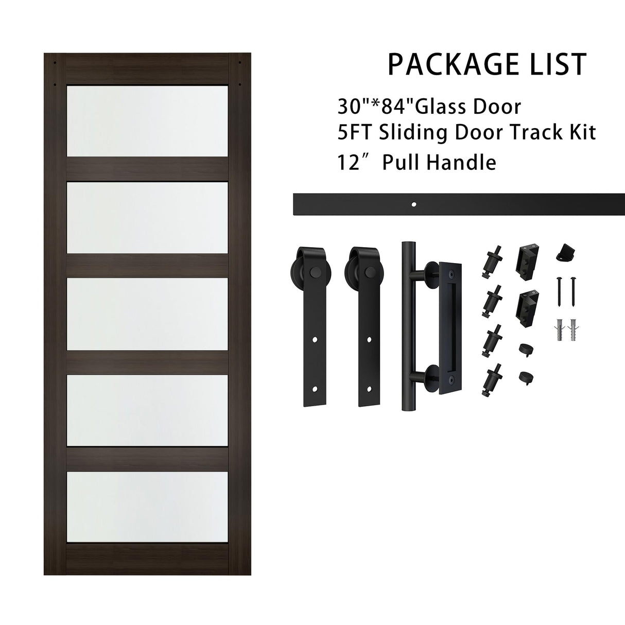 BARNSMITH 30in x 84in Glass Barn Door with 5FT Sliding Door Hardware Kit Included & Handle,5-Panel Frosted Glass Solid Wood Slab with Water-Proof PVC Surface,Pre-Drilled Easy Assembly,Brown BARNSMITH