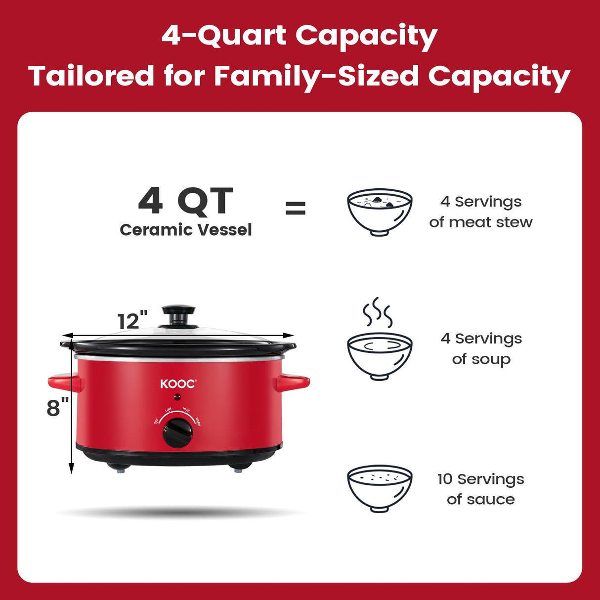 KOOC 4 Quart Slow Cooker, Free Liners Included for Easy Clean-up, 3 Temperature Settings, Dishwasher Safe Crock, Stainless Steel, RED, Ellipse KOOC