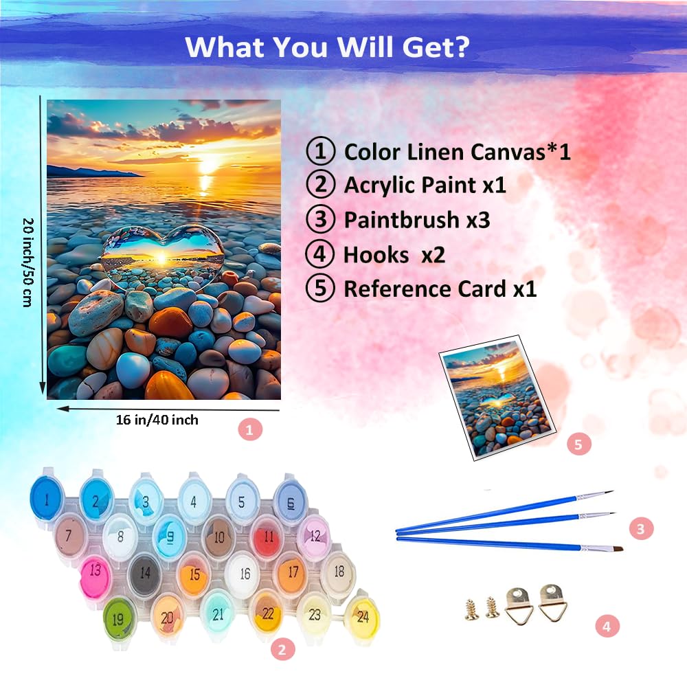 JUJUHOOD Love Stone Paint by Numbers Kit for Adults, Beach Sunset Adult Paint by Number Kits,DIY Acrylic Paint by Number on Canvas for Home Wall Decor 16X20 Inch JUJUHOOD