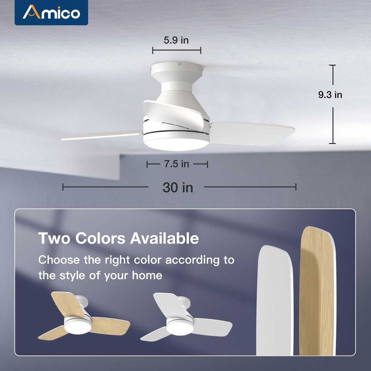Amico Ceiling Fans with Lights, 30 inch Low Profile Ceiling Fan with Light and Remote Control, Flush Mount, Reversible, 3CCT, Dimmable, Noiseless, White Ceiling Fan for Bedroom, Indoor/Outdoor Use Amico