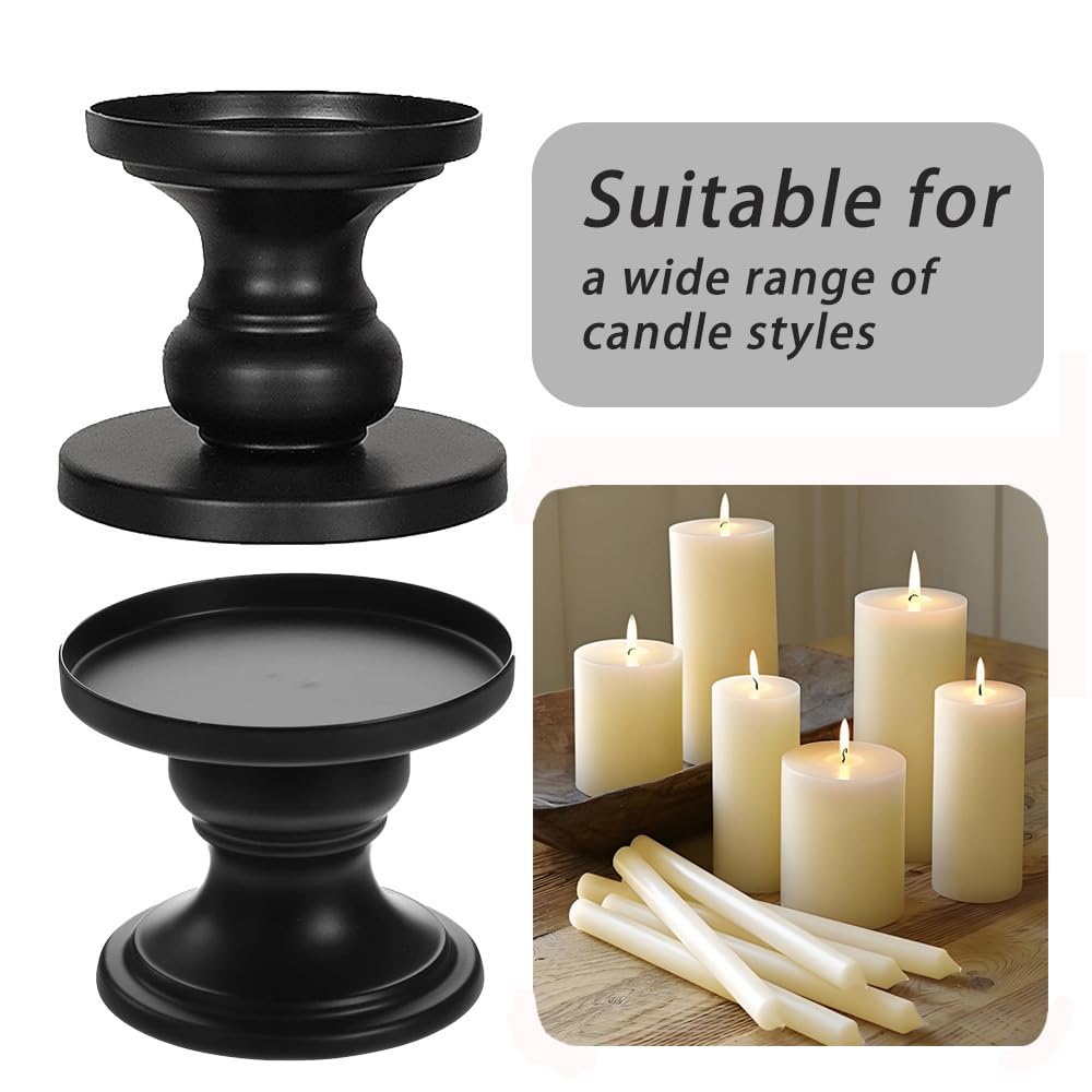 Matte Black Iron Pillar Candle Holders - Set of 2 Candlestick Holders, Metal Candle Holder for Pillar & Taper, Table Mantle Fireplace Farmhouse Home Decor Cagzzee