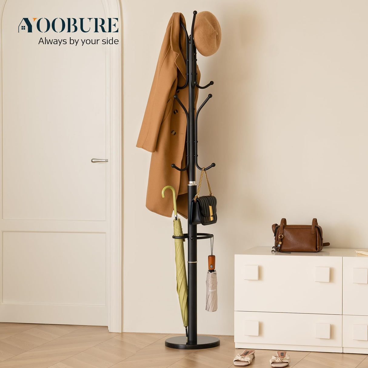Yoobure Metal Coat Rack Freestanding with Marble Base, Coat Tree with 12 Hooks & Umbrella Holder, Coat Hanger Stand for Corner Entryway Bedroom Office, Heavy Duty Coat Rack Stand for Clothes Hats Bags Yoobure