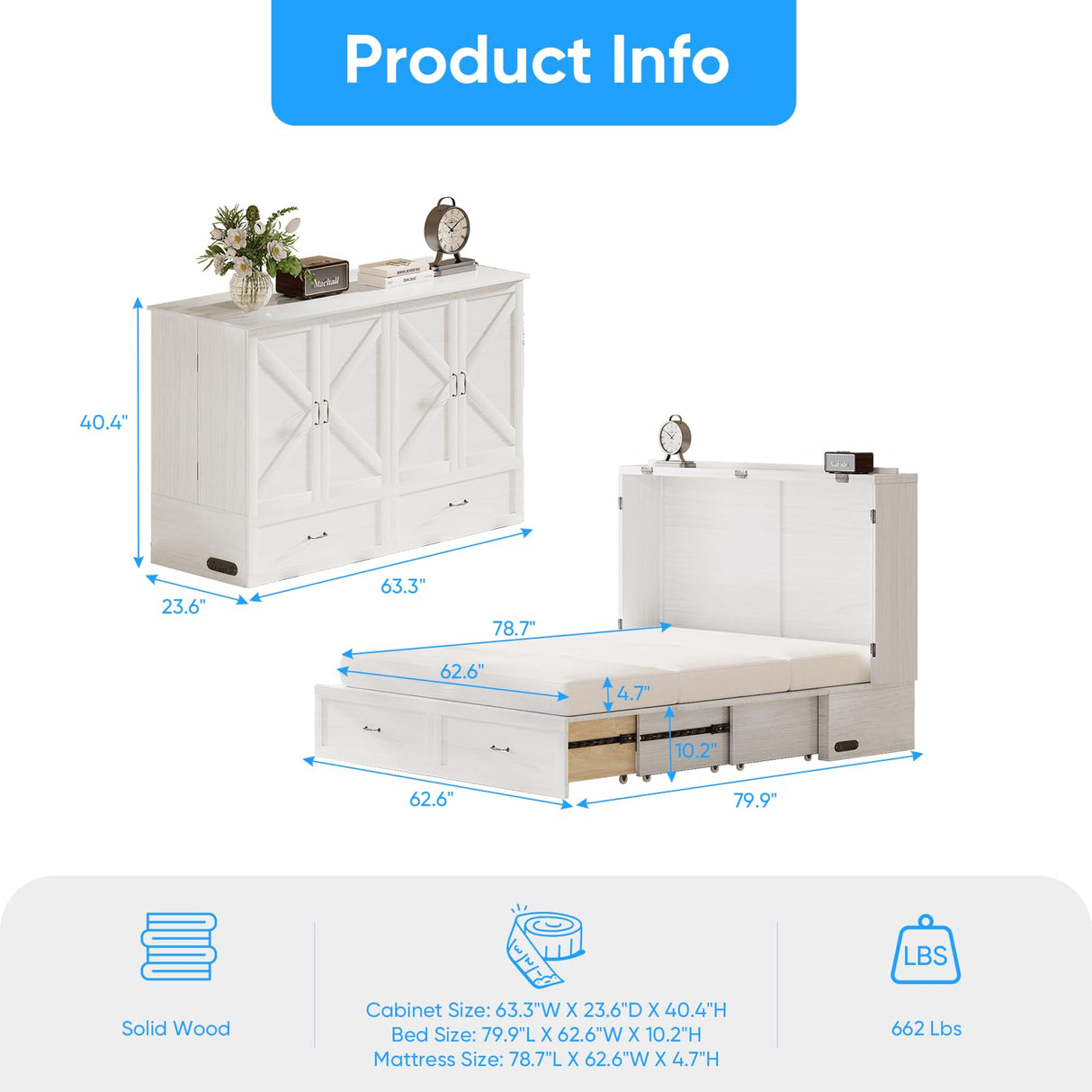 PUREMIND Queen Murphy Bed Cabinet with Mattress Included, Bedroom Cabinet Beds with USB Charging Station, Murphy Chest Bed with Storage Drawers, Horizontal Wallbed for Guest Room White PUREMIND