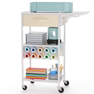Craft Cart and Organizer Table Compatible with Craft Cutting Machine - Rolling Storage Organizer with Drawer & Vinyl Roll Holder, Crafting Table Workstation Holder for Craft Room Home Office (White)