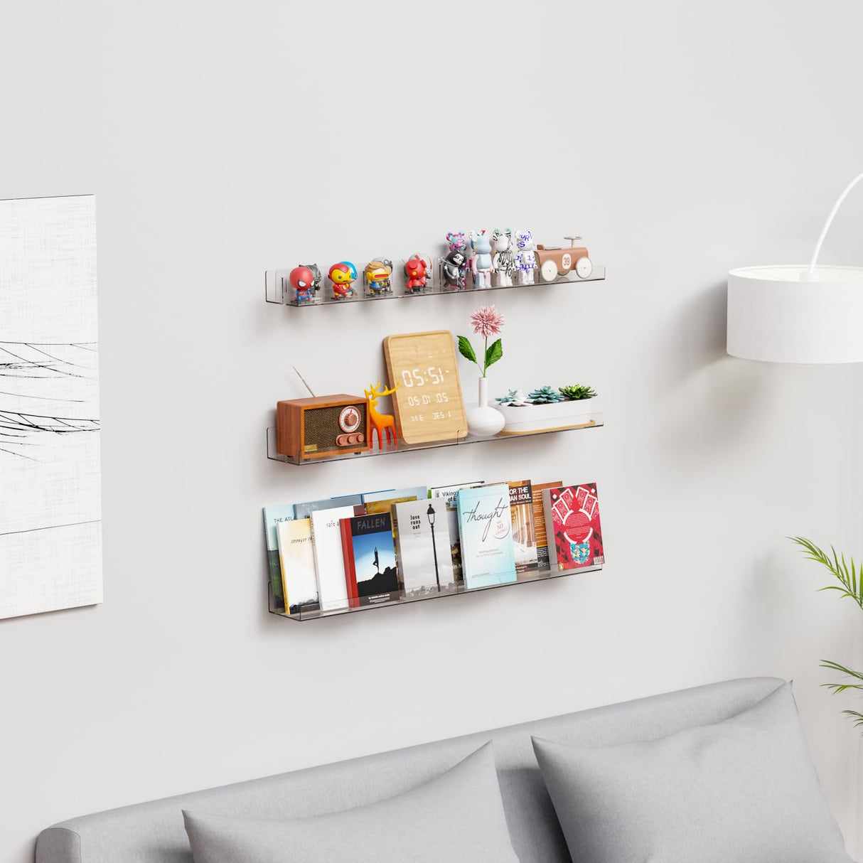 Yieach 4 Pack Acrylic Shelves for Wall Storage,No Drilling Adhesive Shelves,Clear Stick On Bathroom Wall Shelf Organizers,Plastic Floating Shelves for Perfume,Funko,Lego,Skincare,Bookshelf for Kids Yieach