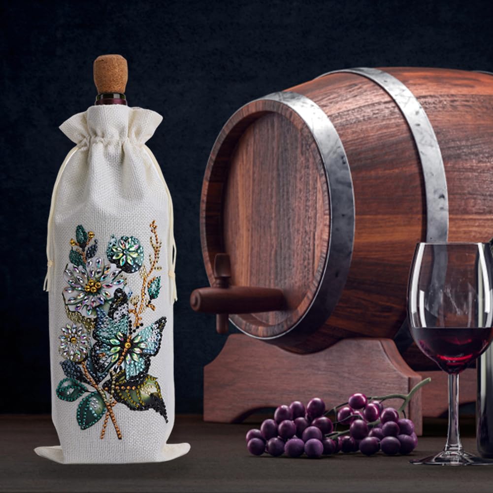 4 Pcs DIY Diamond Painting Art Kit Diamond Painting Wine Bag Kit Rhinestones Label Liquor Bottle Cover Gift for Wine Lover Women Men Christmas (Gnome Butterfly) WoodArtSupply