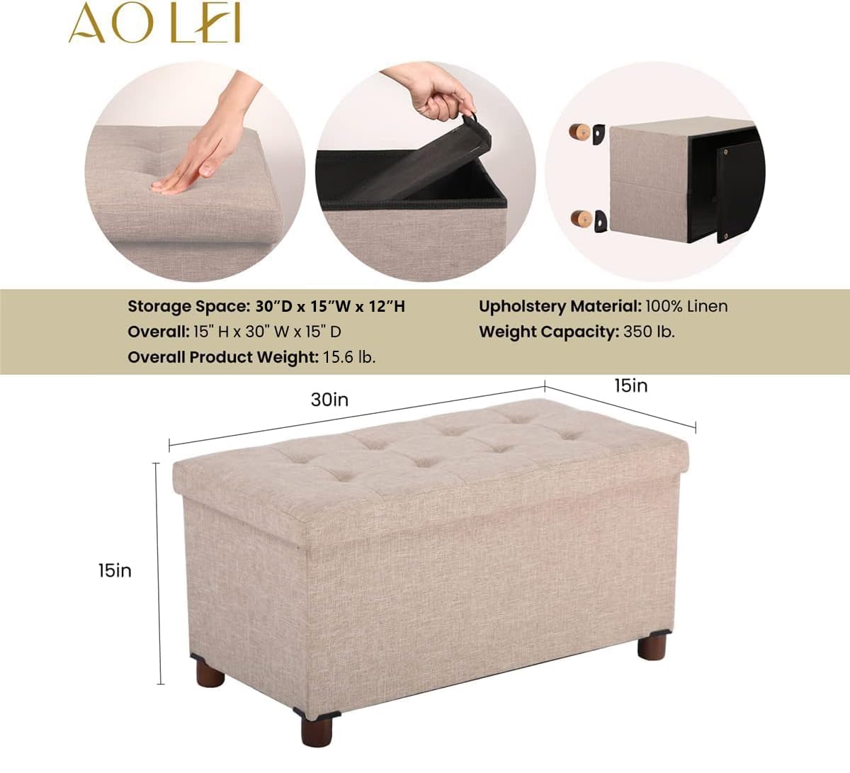 Ao Lei 30 Inches Storage Ottoman Bench, Storage Bench with Wooden Legs for Living Room Ottoman Foot Rest Removeable Lid for Bedroom End of Bed, Linen Fabric, Folding Beige Ottoman Ao Lei