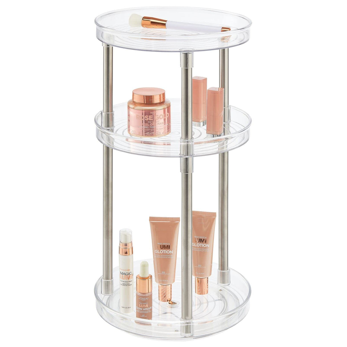mDesign Spinning 3-Tier Lazy Susan 360 Rotating Makeup Organizer Storage Tower - Beauty Cosmetic Organization Caddy for Bathroom Vanity, Countertop, Makeup Table - Ligne Collection - Clear mDesign