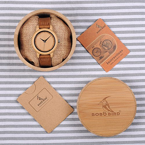 BOBO BIRD Men's Bamboo Wooden Watch with Brown Cowhide Leather Strap Japanese Quartz Movement Sports Casual Watches Gift with Box BOBO BIRD