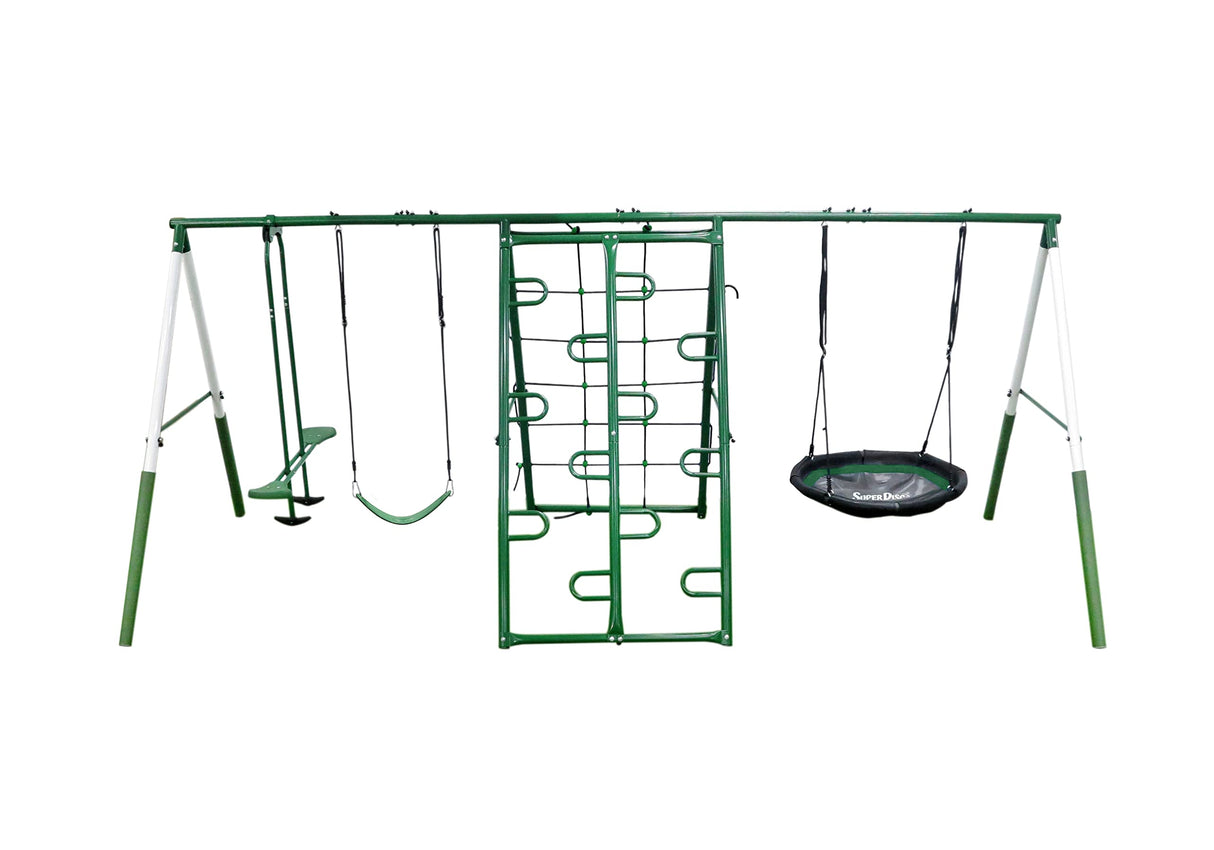 Swing, Climb and Glide Play Center. Backyard Playground Set. Easy Assembly, 7 User / 5 Station Metal Outdoor Play Set for Kids with Two Climbing Stations. 176" L x 69" Deep x 73" H, by XDP Recreation XDP RECREATION