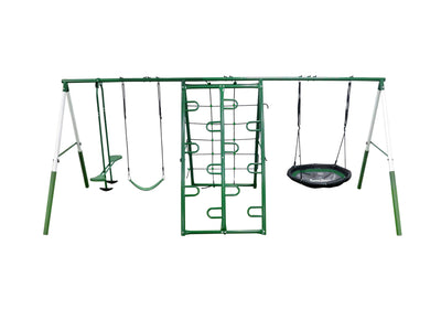 Swing, Climb and Glide Play Center. Backyard Playground Set. Easy Assembly, 7 User / 5 Station Metal Outdoor Play Set for Kids with Two Climbing Stations. 176" L x 69" Deep x 73" H, by XDP Recreation