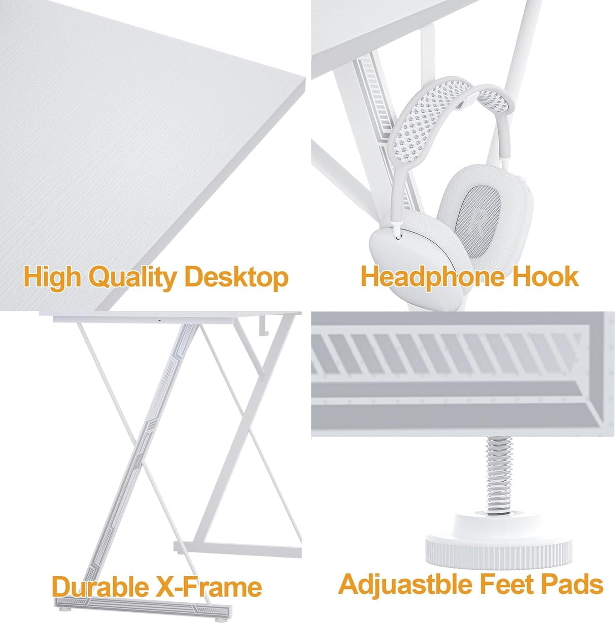 TIQLAB Gaming Desk with Power Outlets & LED 40 Inch Ergonomic Computer Carbon Fiber Surface Gamer Desk, Large Monitor Stand, Headphone Hook, PC Workstation for Bedroom, White Desk TIQLAB