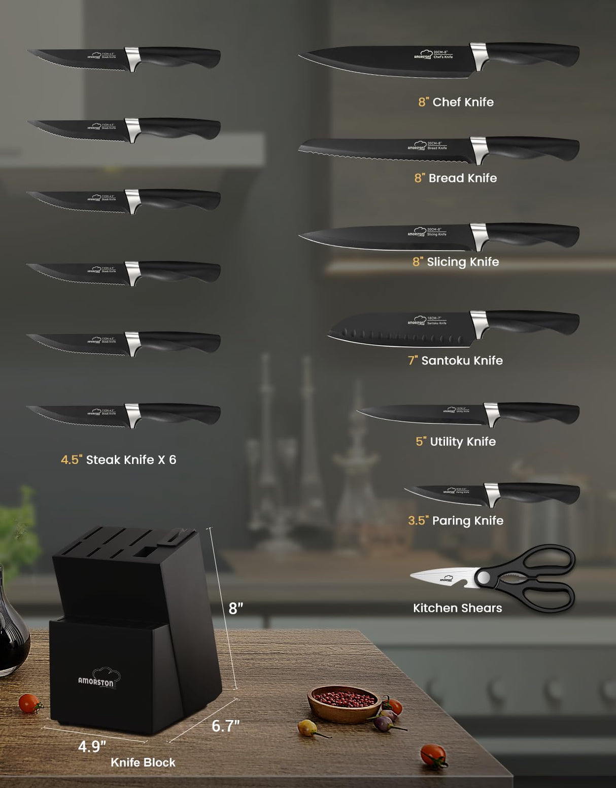 Knife Set, Amorston 15 Pieces Knife Sets for Kitchen with Block, Dishwasher Safe Kitchen Knife Set with Built in Sharpener Block, German Stainless Steel Knife Block Set, Black Amorston