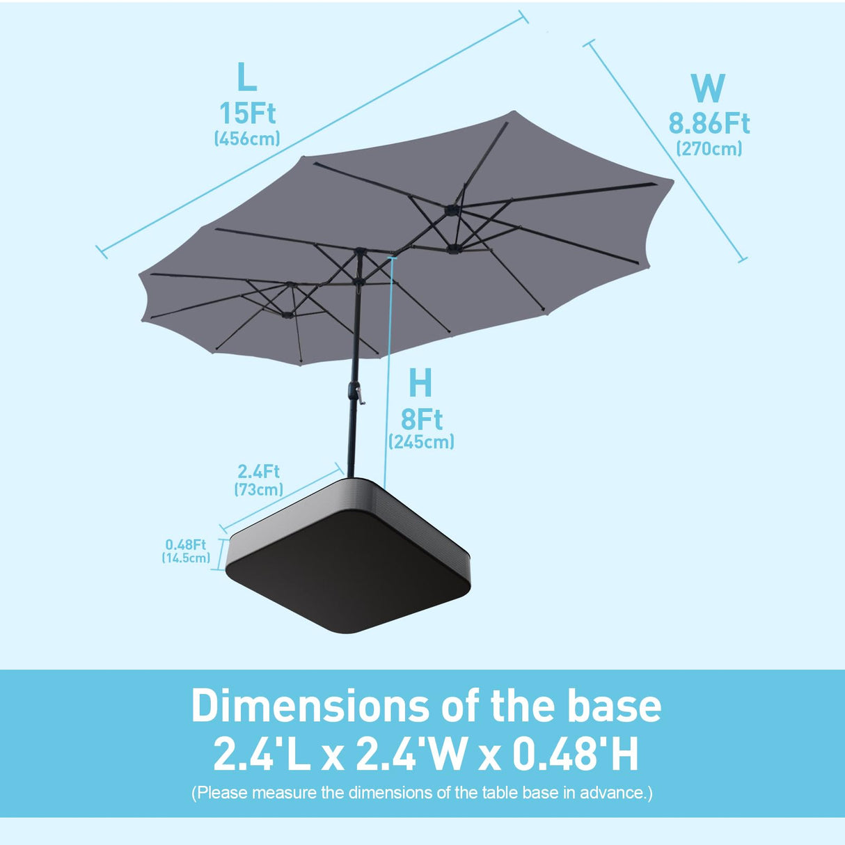Caprihom 15ft Large Patio Umbrella, Double Sided Extra Large Umbrella with Base, Rectangular Patio Umbrella Double-Sided Umbrella for Yard Lawn Garden,Grey Caprihom