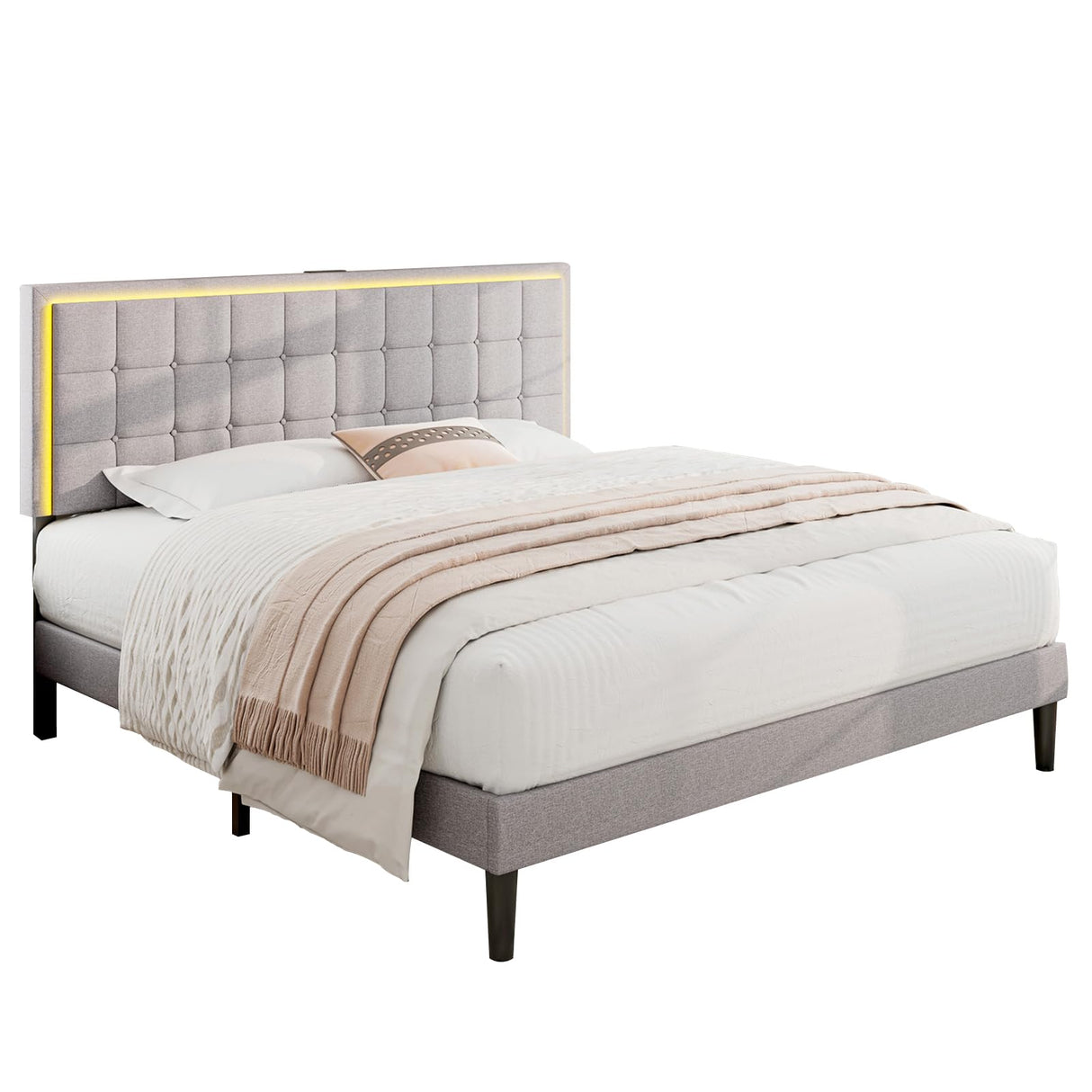 LUXOAK King Size Bed Frame with LED Headboard, Linen Button Tufted Upholstered Platform Bed with USB Charging Station, Strong Wooden Slats Support, No Box Spring Needed, Light Grey LUXOAK