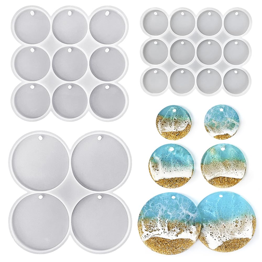 RESINWORLD 25-Cavity Set of Large + Medium + Small Shiny Flat Circle Silicone Mold, Drilled Round Earrings Pendant Mold, Keychain Resin Mold, Pet Tag Mold ResinWorld