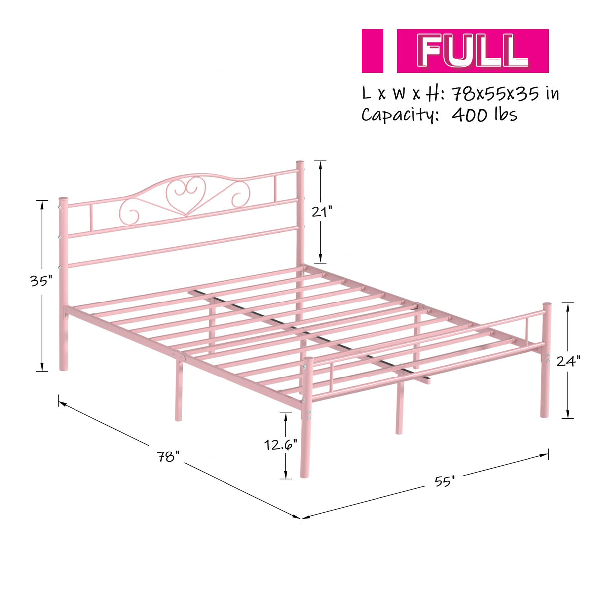 VECELO 14 Inch Full Size Metal Platform Bed Frame with Headboard and Footboard, Heavy Duty Mattress Foundation with Steel Slats Support, No Box Spring Needed, Pink VECELO