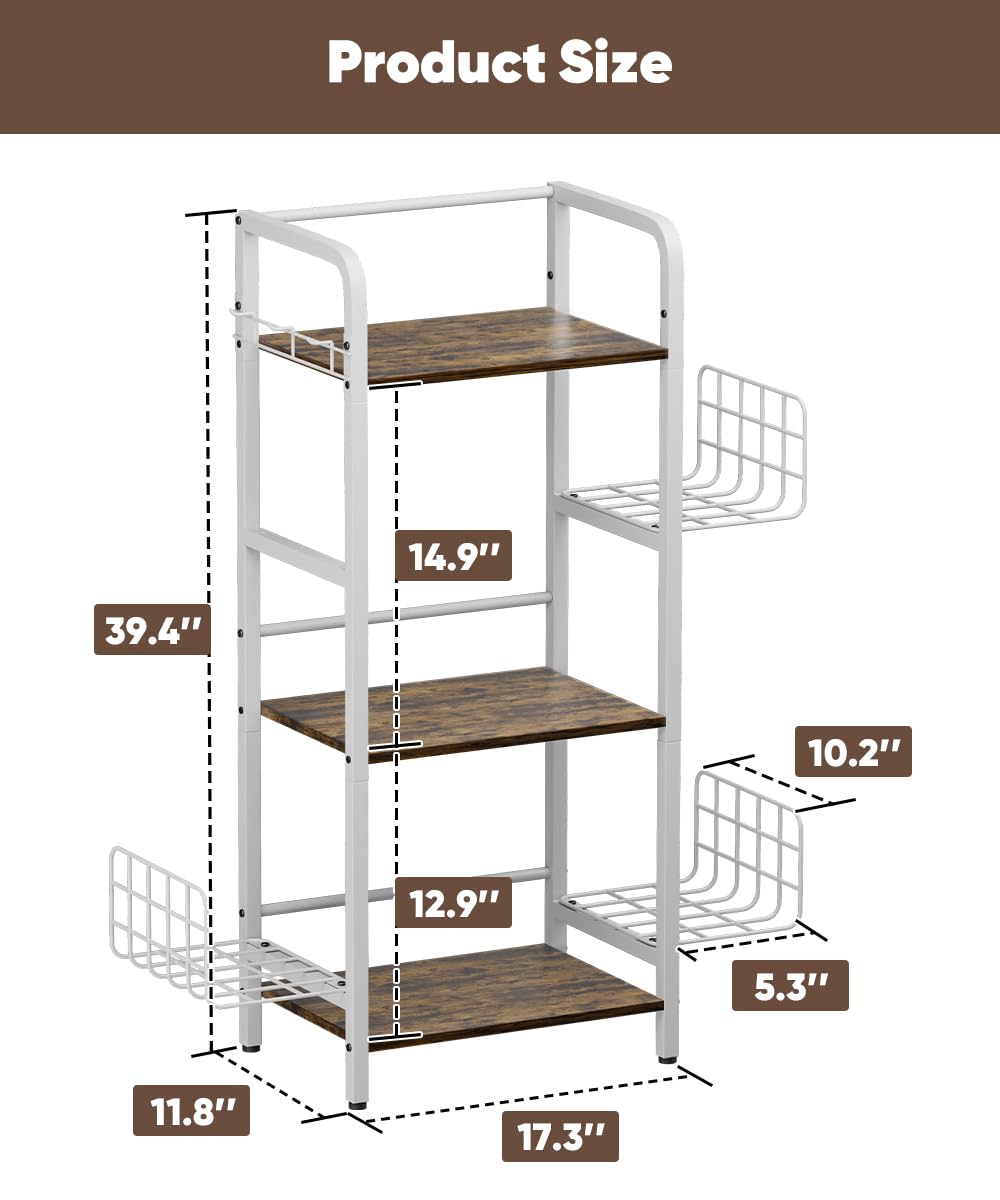 Tuohours 3-Tier Purse Organizer Rack, Iron & Wood Floor-Standing Bag Storage Holder with Adjustable Side Basket and Hook Handbag Organizers Display Stand Shelf for Closet, Bedroom, Entryway, White Tuohours