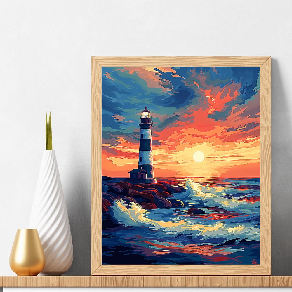 Natuyalo Paint by Numbers for Adults Beginner, Lighthouse Acrylic Easy Paint by Numbers Kits Sunset Seascape Craft Kits for Adults Suitable for Home Wall Decoration Flameless 16x20 Inch Natuyalo
