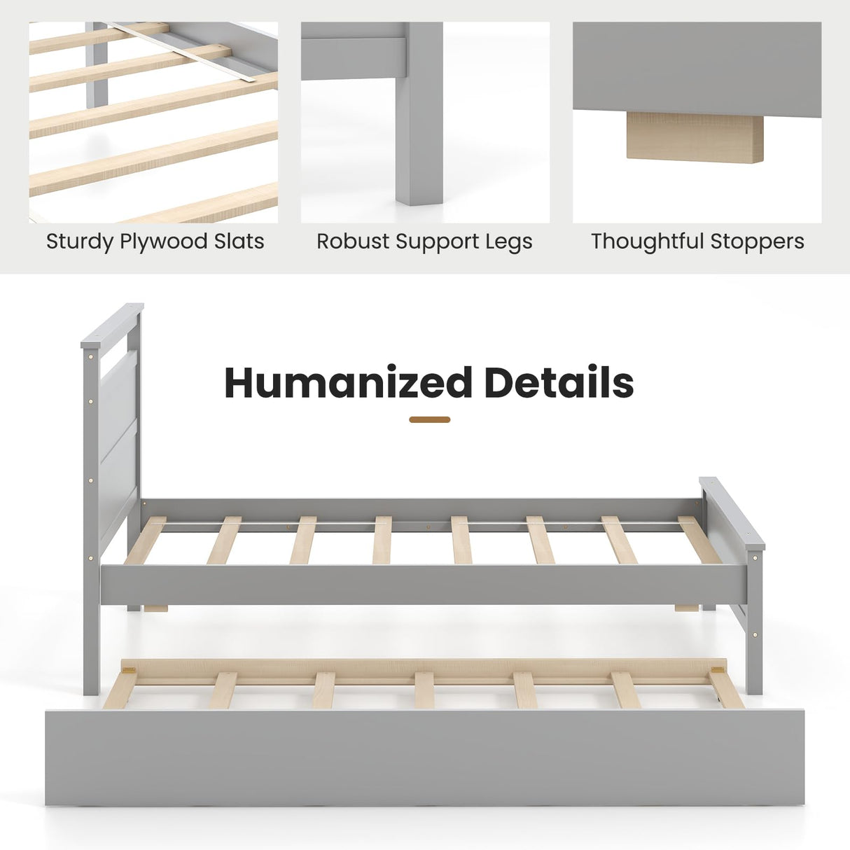 KOMFOTT Twin Bed Frame with Trundle, Wood Bed Frame with Pull-Out Trundle, Headboard & Footboard, Wooden Slat Support, No Box Spring Needed, Mattress Foundation (Grey) KOMFOTT