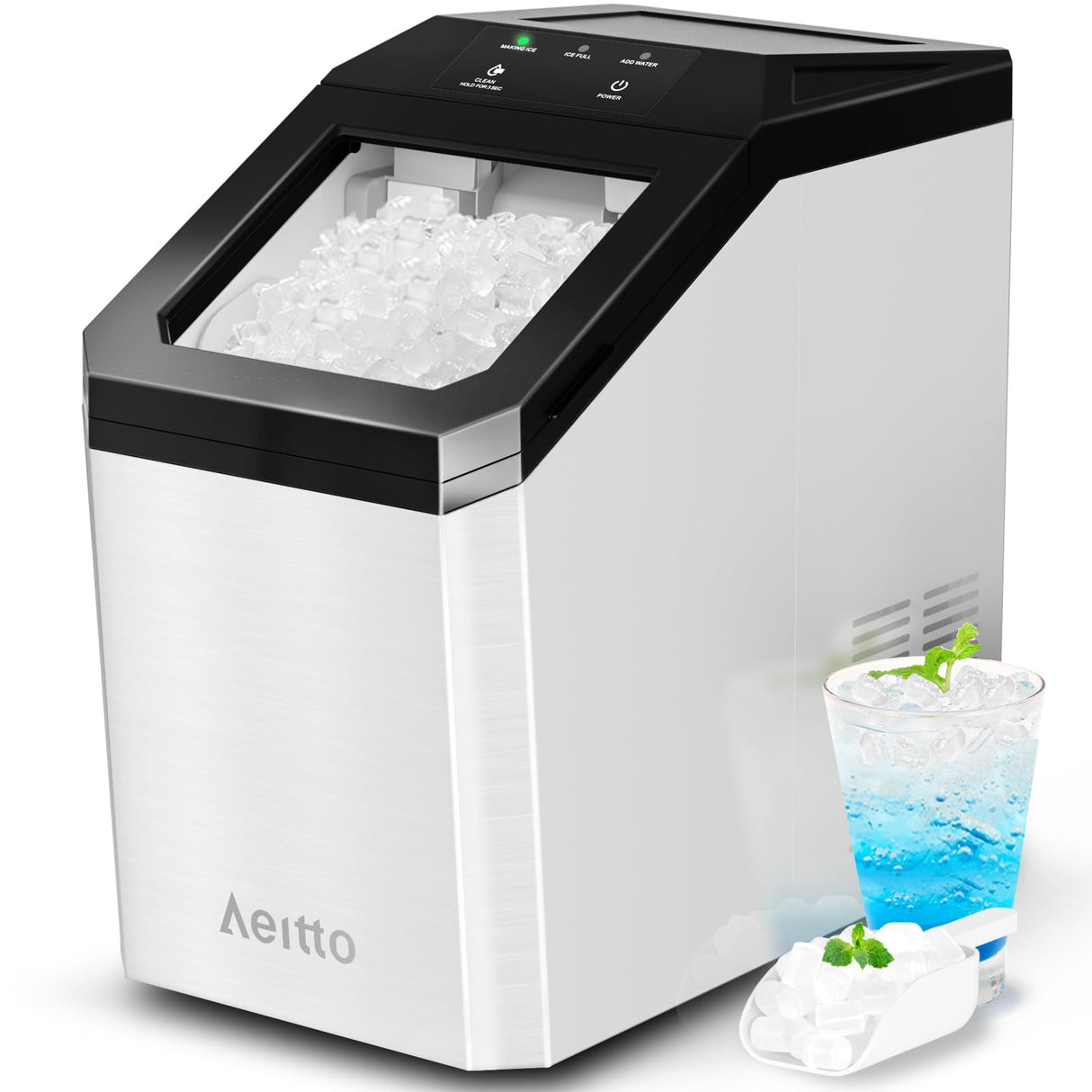 Nugget Ice Maker Countertop, 55lbs/Day, Large Capacity Chewable Ice Maker, Rapid Ice Release in 5 Mins, Self-Cleaning with Stainless Steel Housing Ice Machine for Home Office and Party, White Aeitto