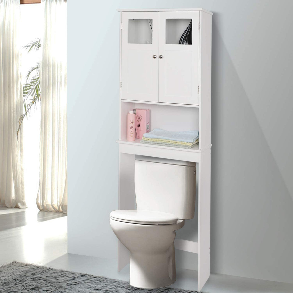 Bonnlo Over The Toilet Storage Cabinet with Adjustable Shelf White Bathroom Floor Organizer Space Saver with Double Doors, 67" Height Bonnlo