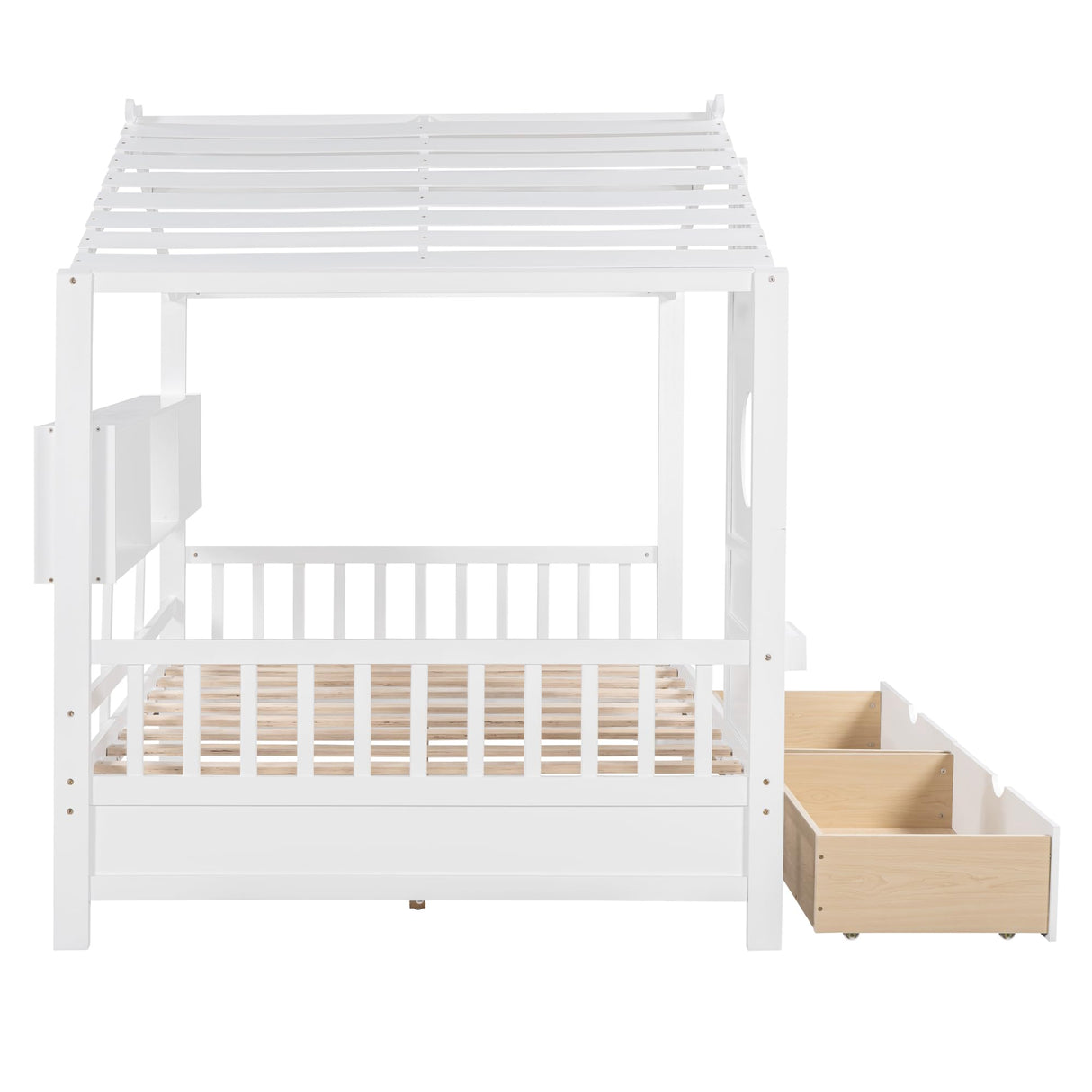 MERITLINE Montessori Full House Bed with Storage Drawers & Bookcase - Solid Wood Playhouse Bed for Kids, Teens, & Adults (White) MERITLINE