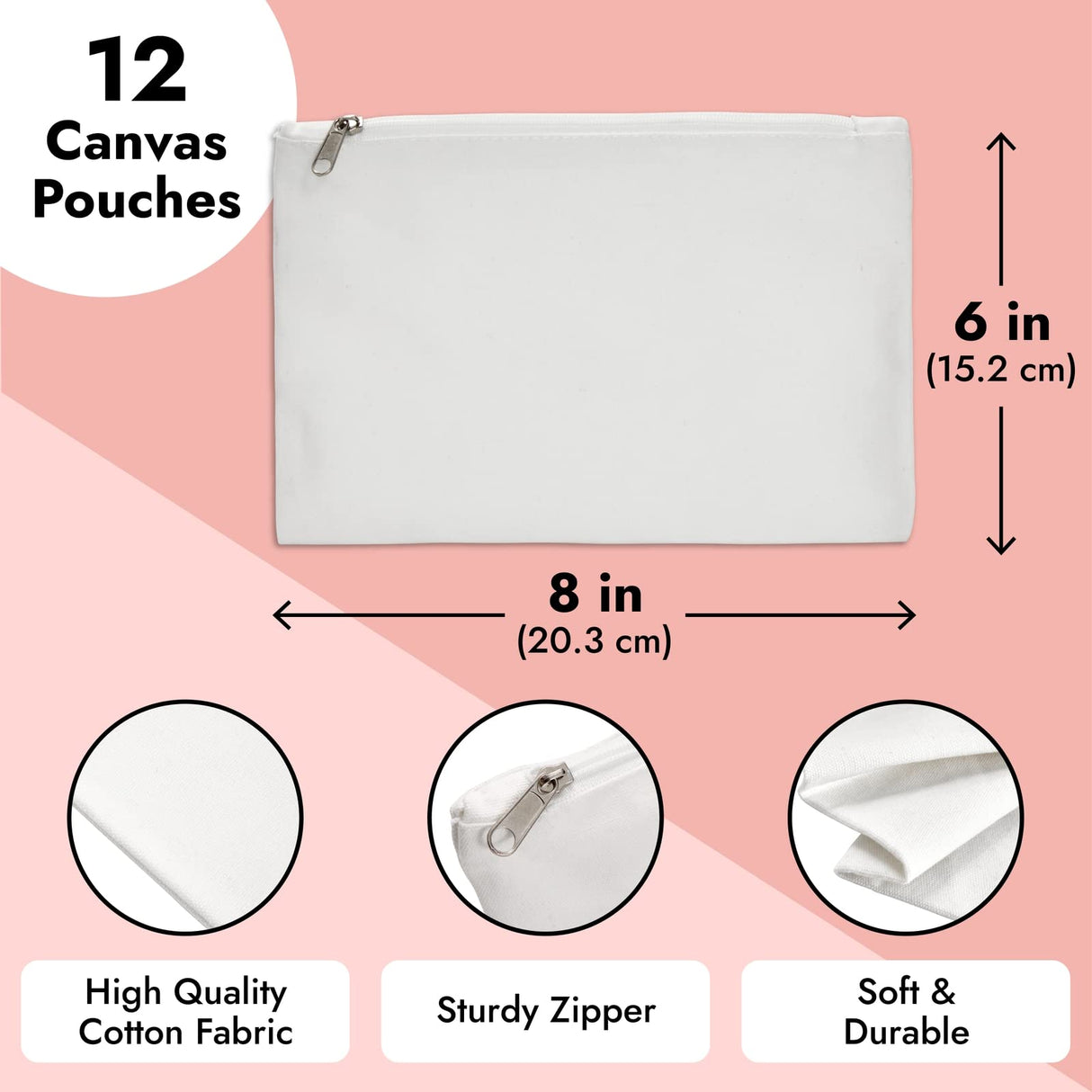 Juvale 12-Pack Bulk Blank Canvas Zipper Pouch Set, 8x6 Canvas Pencil Pouch with Zipper for Cosmetic & DIY Crafts, Pens, Markers, Scissors, Makeup Brushes, Lip Gloss, Hair Clips Juvale