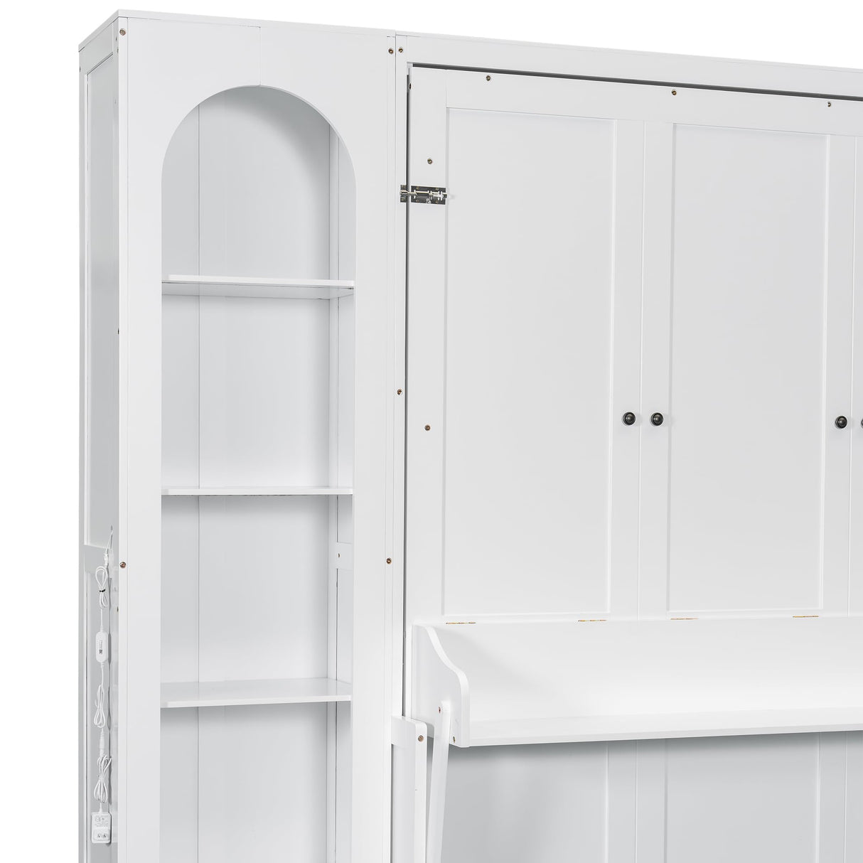 Elegant Queen Size Murphy Bed with Shelf, Side Cabinets, Drawers and LED, Cabinet Folding Wall Bed with Desk Combo Perfect for Guest Room, Office (White-2) Quarte