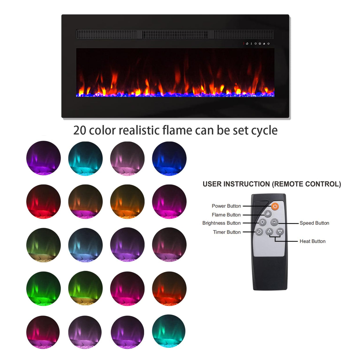 Panana Electric Fireplace Heater Wall Mounted, 60 inch Wide Recessed Electric Fireplace, 1400W, 8H Timer, 20 Color Flame, Remote Control, Log Set & Crystal Panana
