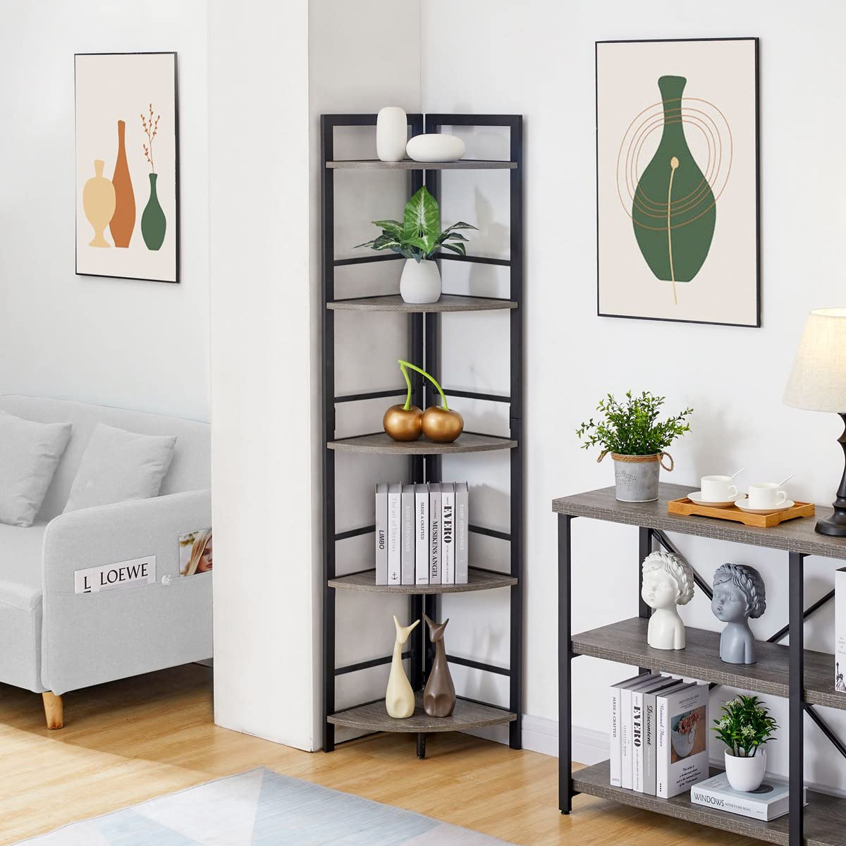 BON AUGURE Industrial Chic 5-Tier Dark Grey Oak Corner Bookshelf BON AUGURE