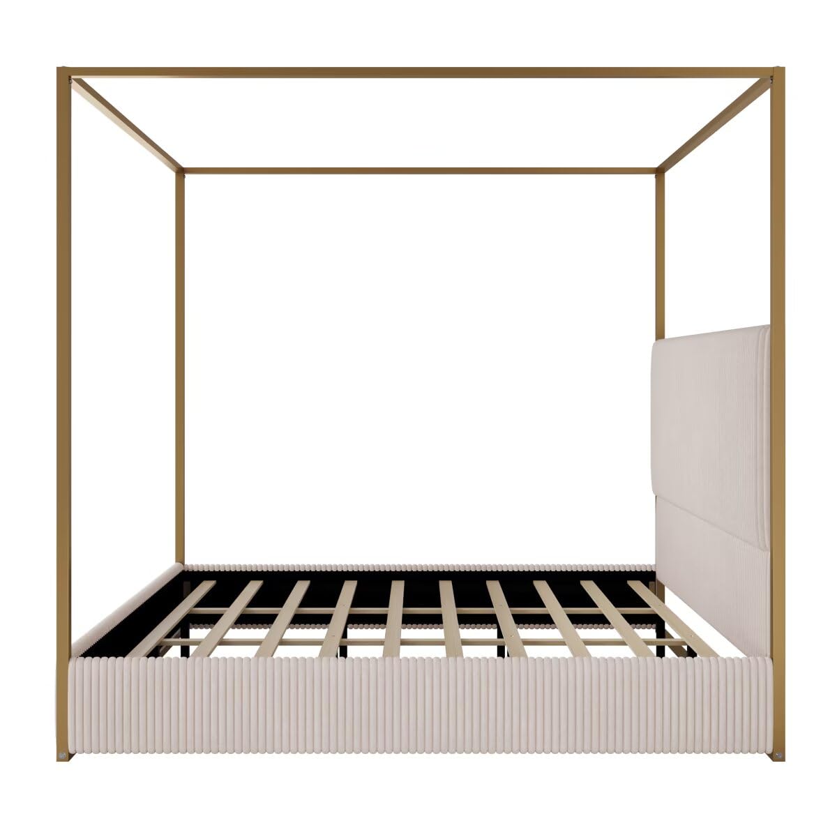 JIJIWANG Modern Luxury Metal Canopy Bed with Tall Upholstered Headboard and Gold Four Poster, No Box Spring Needed, King,Beige JIJIWANG