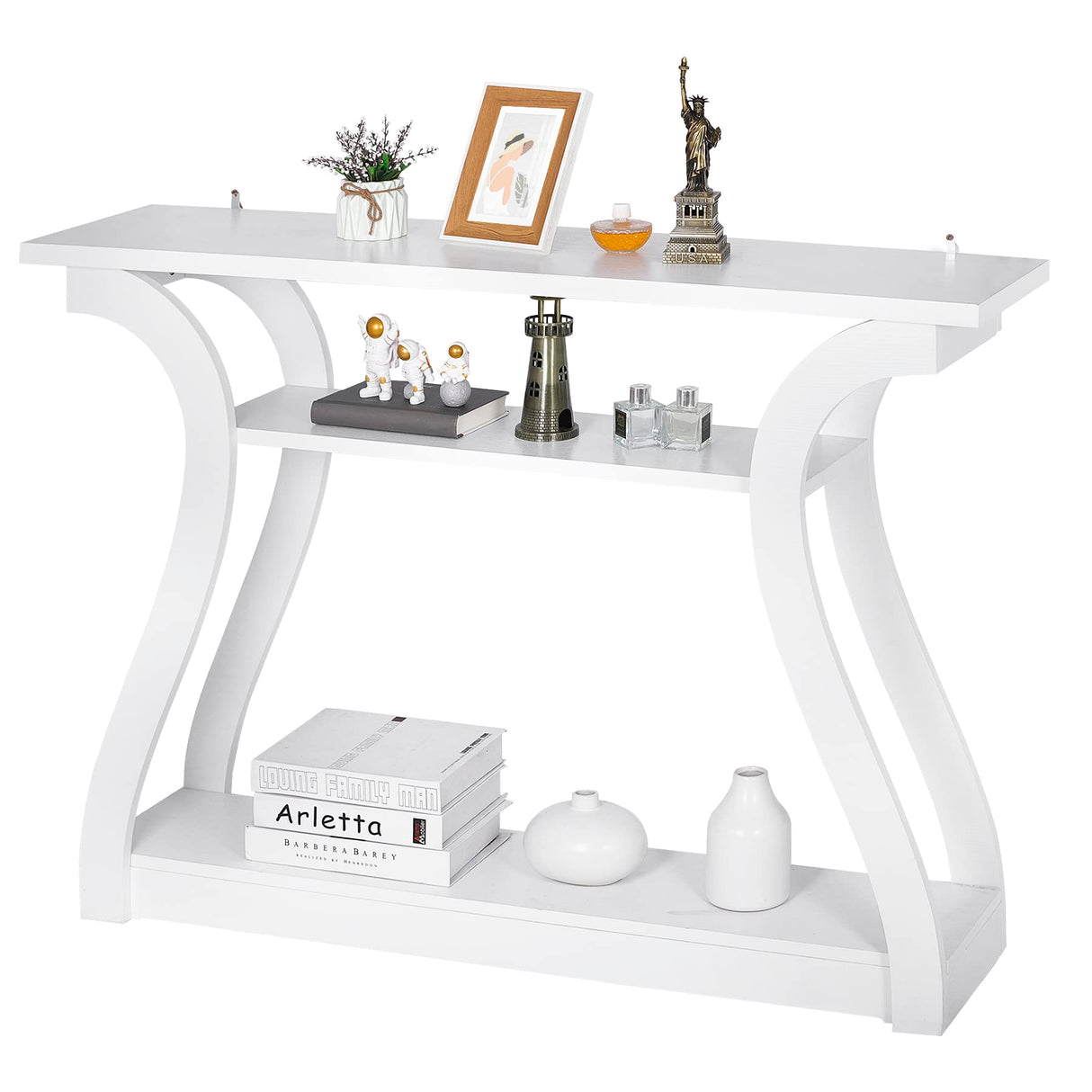 ZenStyle Wood Console Table with Curved Legs and Shelf, 3 Tier Modern Accent Sofa Table for Entryway, Living Room, Hallway, 47 in Wide, Easy Assembly (White) ZenStyle