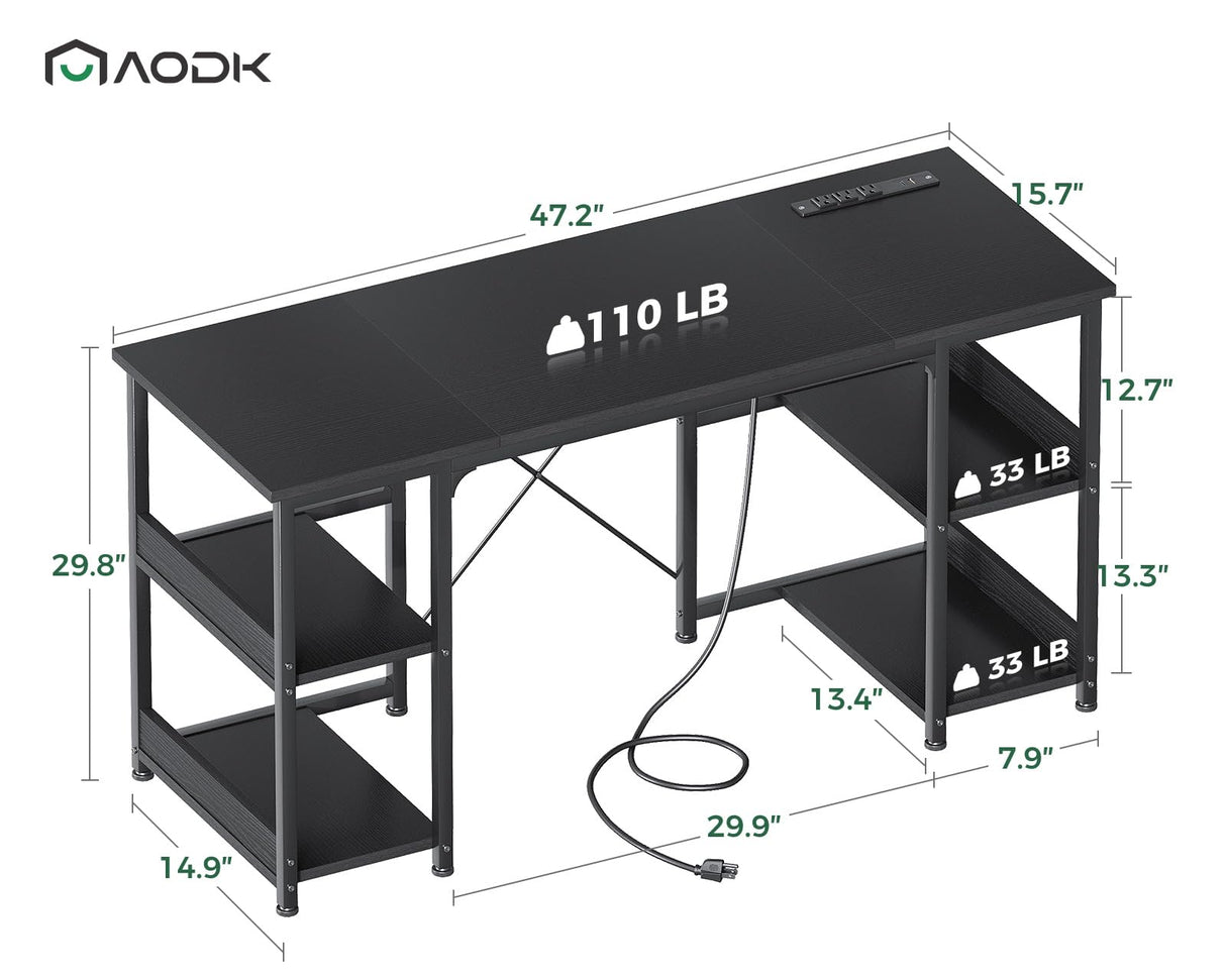 AODK 48 Inch Small Computer Desk with Power Outlets & Type-C, Home Table with Storage Shelves, Student Laptop PC Desks for Small Spaces Home Office Writing Desk, Kids Desk, Black AODK