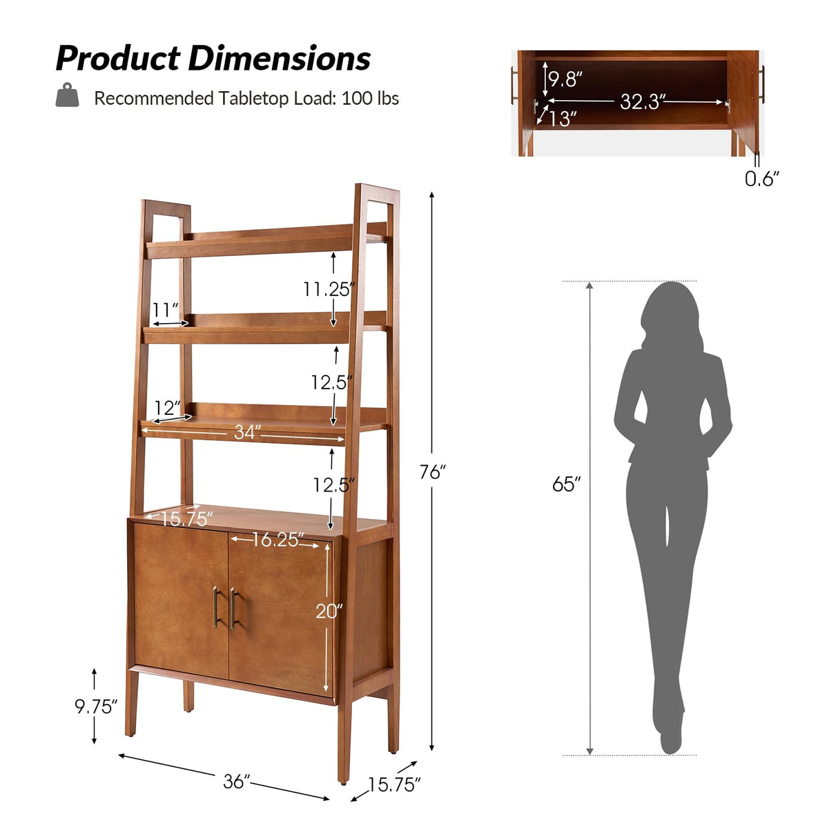 HULALA HOME Wood Ladder Shelf Bookcase with Doors & 3 Open Shelves, 34" W Mid-Century Modern Bookcase with Metal Pulls, Storage Rack with Solid Wood Legs for Bedroom & Living Room, Acorn HULALA HOME