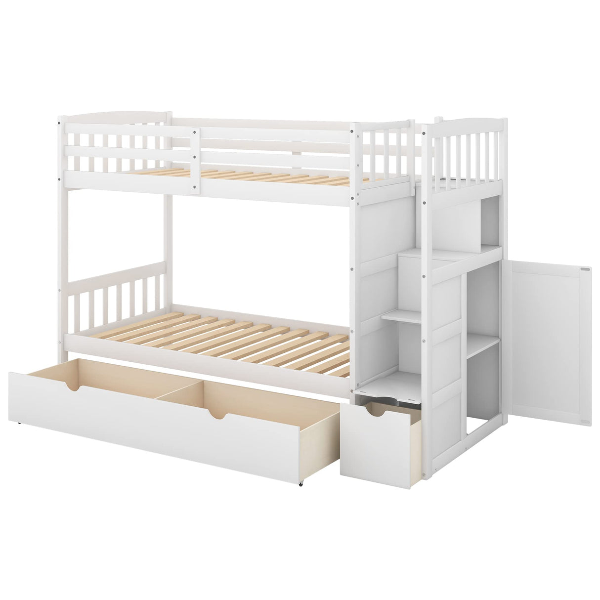Merax Twin Over Full/Twin Wood Bunk Bed with Storage Shelves and Drawers, Wooden Convertible Bed Frame for Bedroom, No Spring Box Needed, White Merax