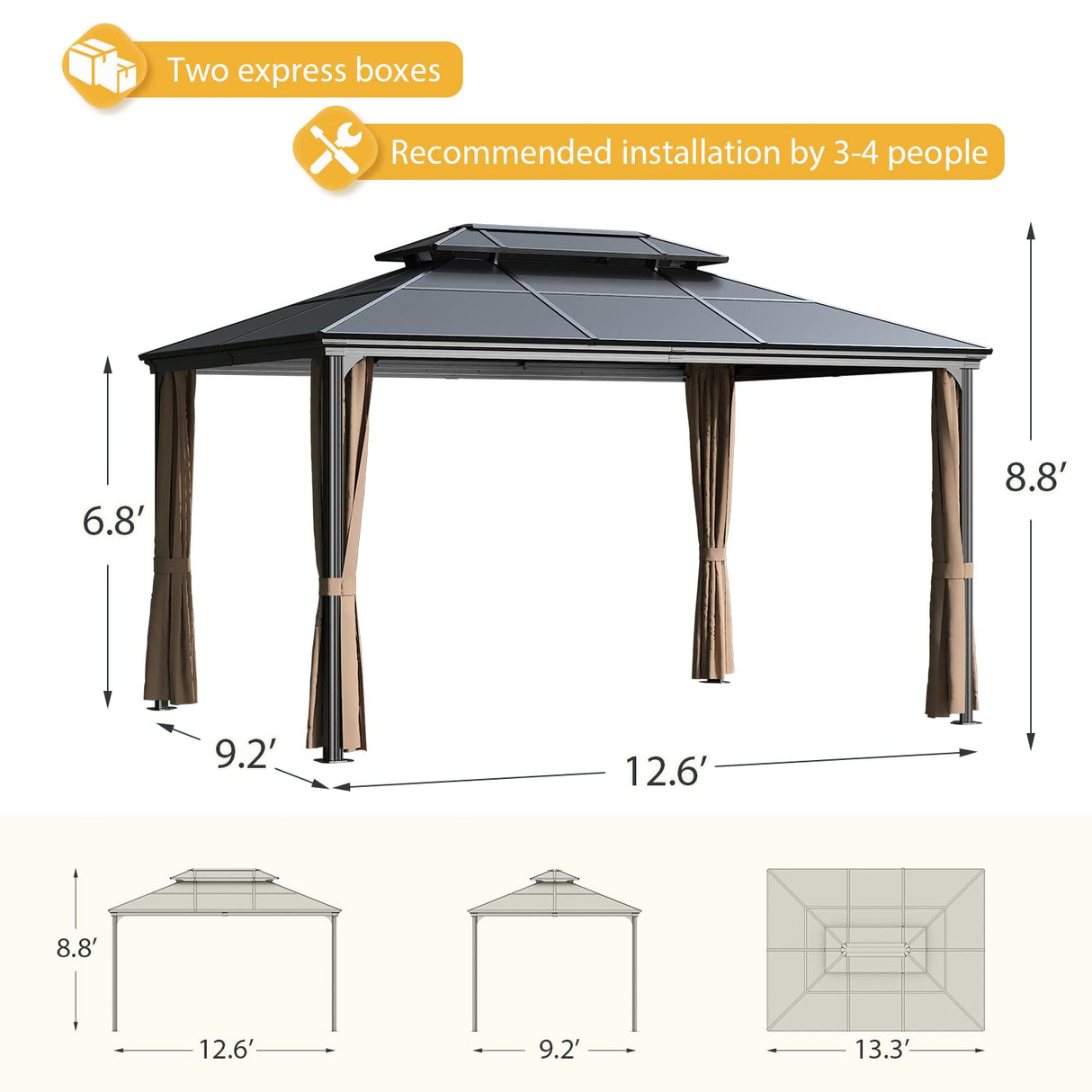 Greesum 10'x13' Hardtop Polycarbonate Gazebo, Outdoor Steel Double Roof Canopy, Aluminum Frame Permanent Pavilion with Netting and Curtains for Lawns, Patio, Backyard and Deck Greesum