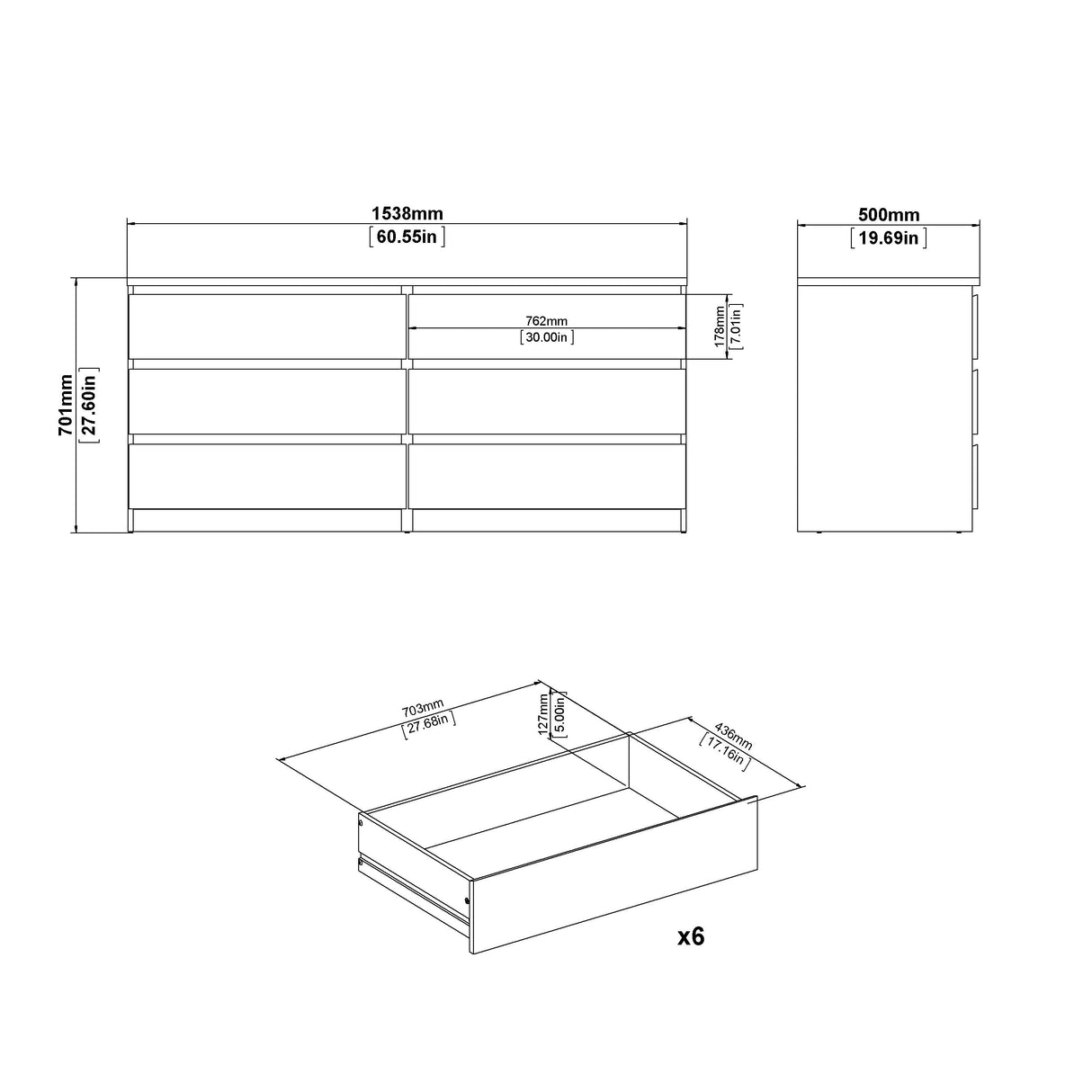 Tvilum 6 Drawer Double Dresser, Bedroom Furniture, Handle-free Drawers, Contemporary, White Tvilum
