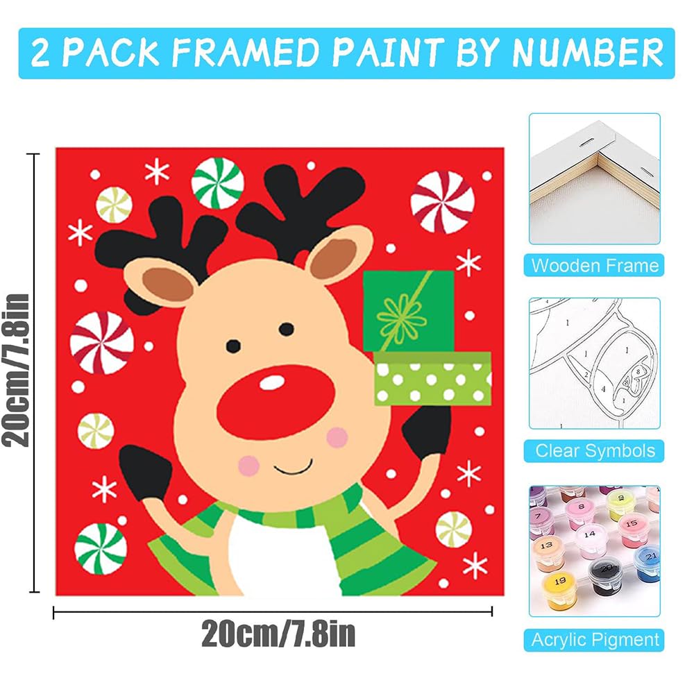 4 Pack Christmas Paint by Numbers Kits for Kids and Adults (with Frame), Cute Cartoon Christmas Paint by Number Kits on Canvas, Simple Acrylic Oil Painting for Beginners, Home Wall Decor 7.8x7.8Inch. Amzdiyfun