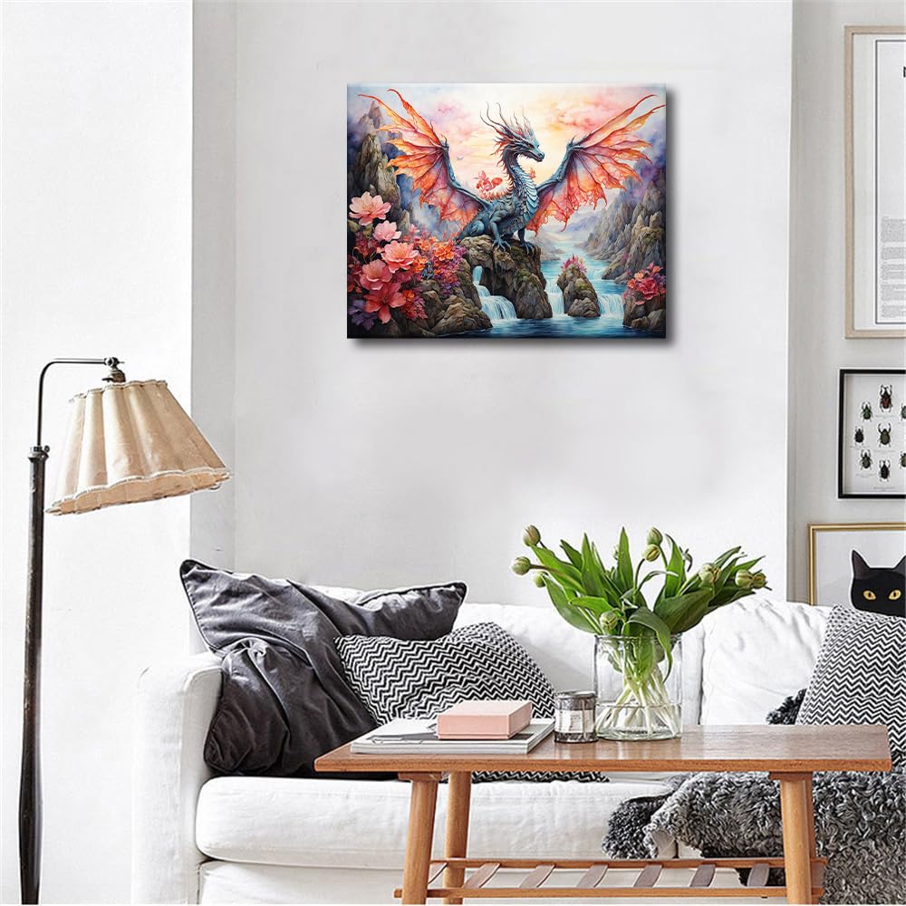 Dragon Paint by Numbers Kit for Adults, Winged Dragon DIY Oil Painting Kit, Abstract Canvas Acrylic Pigment Pink Landscape Painting Arts Craft for Home Wall Decor Gift 16x20 Inch Without Frame Rebotipy