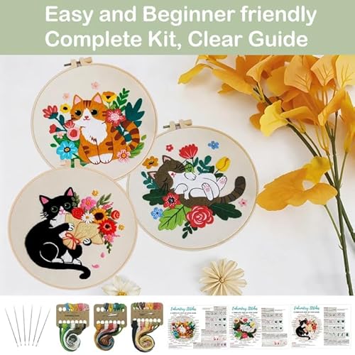 Nuberlic Cat Embroidery Kit for Adults Beginners - 3 Pre-Printed Animal Patterns, Adults Starter Cross Stitch Kit DIY Needlepoint