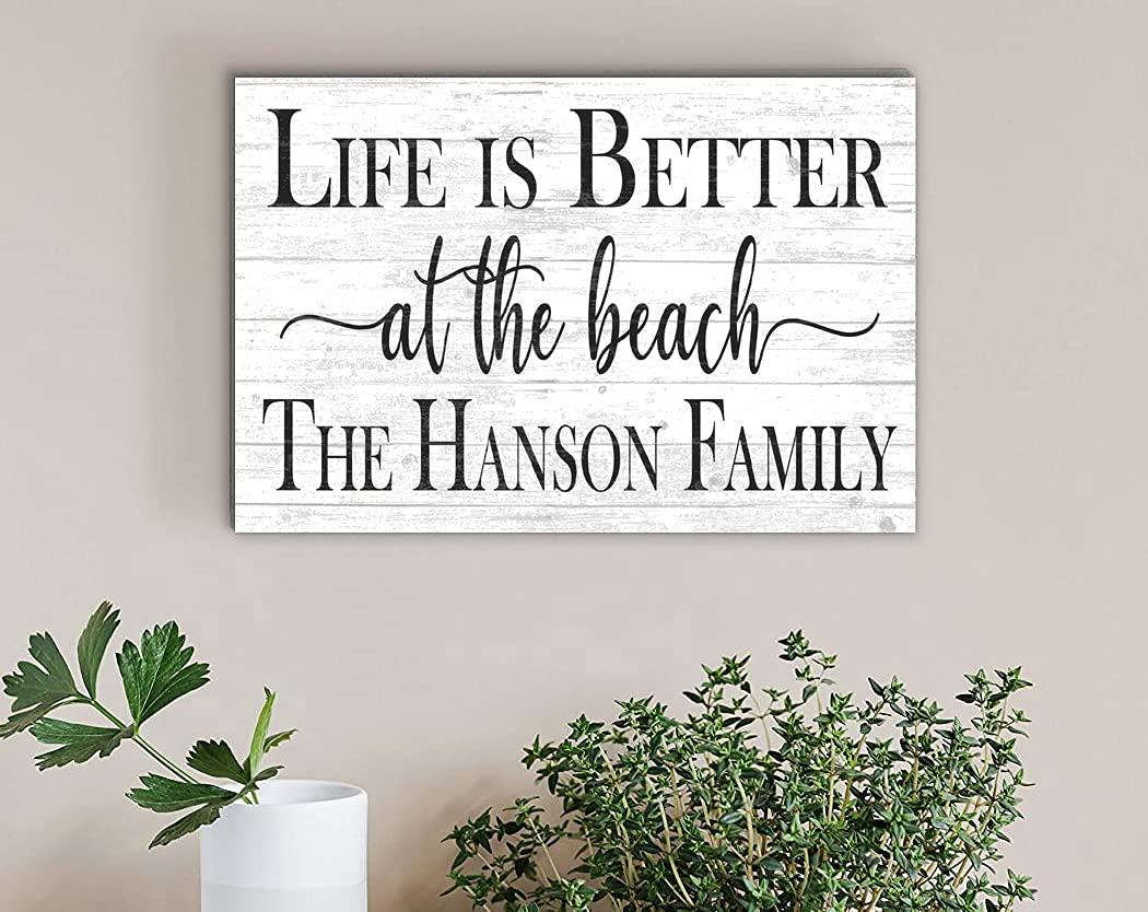 Custom Beach House Sign Personalized Beach Home Decor - Beach Theme Decoration - SOLID WOOD - 16.5 in x 10.5in (Life Is Better At The Beach - White) Broad Bay